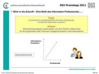 DGI-Praxistage 2011

                7. Blick in die Zukunft – Eine Rolle des Information Professionals…..

                                                                        Frage:
                                              Wie könnte die zukünftige Rolle des Information Professionals
                                                         innerhalb der Organisation aussehen?

                                                                      Antwort:
                                   Informationskompetenz systematisch und aktiv fördern mittels eines
                               für die Organisation oder Personen maßgeschneiderten Informationsplans!




                                                  Informations-
                                                  kompetenz




                       ORGANISATION


                                                                          Produktivität


                                                                                                   Informationskompetenz, wo es zählt!

© 2011 Online Consultants International GmbH, Karlsruhe                                                                           Seite 38
 