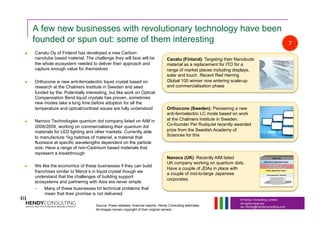 © Hendy Consulting Limited
All rights reserved
Ian.Hendy@Hendyconsulting.com
A few new businesses with revolutionary technology have been
founded or spun out: some of them interesting
  Canatu Oy of Finland has developed a new Carbon-
nanotube based material. The challenge they will face will be
the whole ecosystem needed to deliver their approach and
capture enough value for themselves
  Orthocone is new anti-ferroelectric liquid crystal based on
research at the Chalmers Institute in Sweden and seed
funded by the. Potentially interesting, but like work on Optical
Compensation Bend liquid crystals has proven, sometimes
new modes take a long time before adoption for all the
temperature and optical/contrast issues are fully understood
  Nanoco Technologies quantum dot company listed on AIM in
2008/2009, working on commercialising their quantum dot
materials for LED lighting and other markets. Currently able
to manufacture 1kg batches of material, a material that
fluoresce at specific wavelengths dependent on the particle
size. Have a range of non-Cadmium based materials that
represent a breakthrough
  We like the economics of these businesses if they can build
franchises similar to Merck’s in liquid crystal though we
understand that the challenges of building support
ecosystems and partnering with Asia are never simple
–  Many of these businesses hit technical problems that
mean that their promise is not delivered
Canatu (Finland): Targeting their Nanobuds
material as a replacement for ITO for a
range of market places including displays,
solar and touch. Recent Red Herring
Global 100 winner now entering scale-up
and commercialisation phase
Orthocone (Sweden): Pioneering a new
anti-ferroelectric LC mode based on work
at the Chalmers Institute in Sweden.
Co-founder Per Rudquist recently awarded
prize from the Swedish Academy of
Sciences for this
Nanoco (UK): Recently AIM listed
UK company working on quantum dots.
Have a couple of JDAs in place with
a couple of mid-to-large Japanese
corporates.
7
Source: Press releases, financial reports, Hendy Consulting estimates
All images remain copyright of their original owners
 