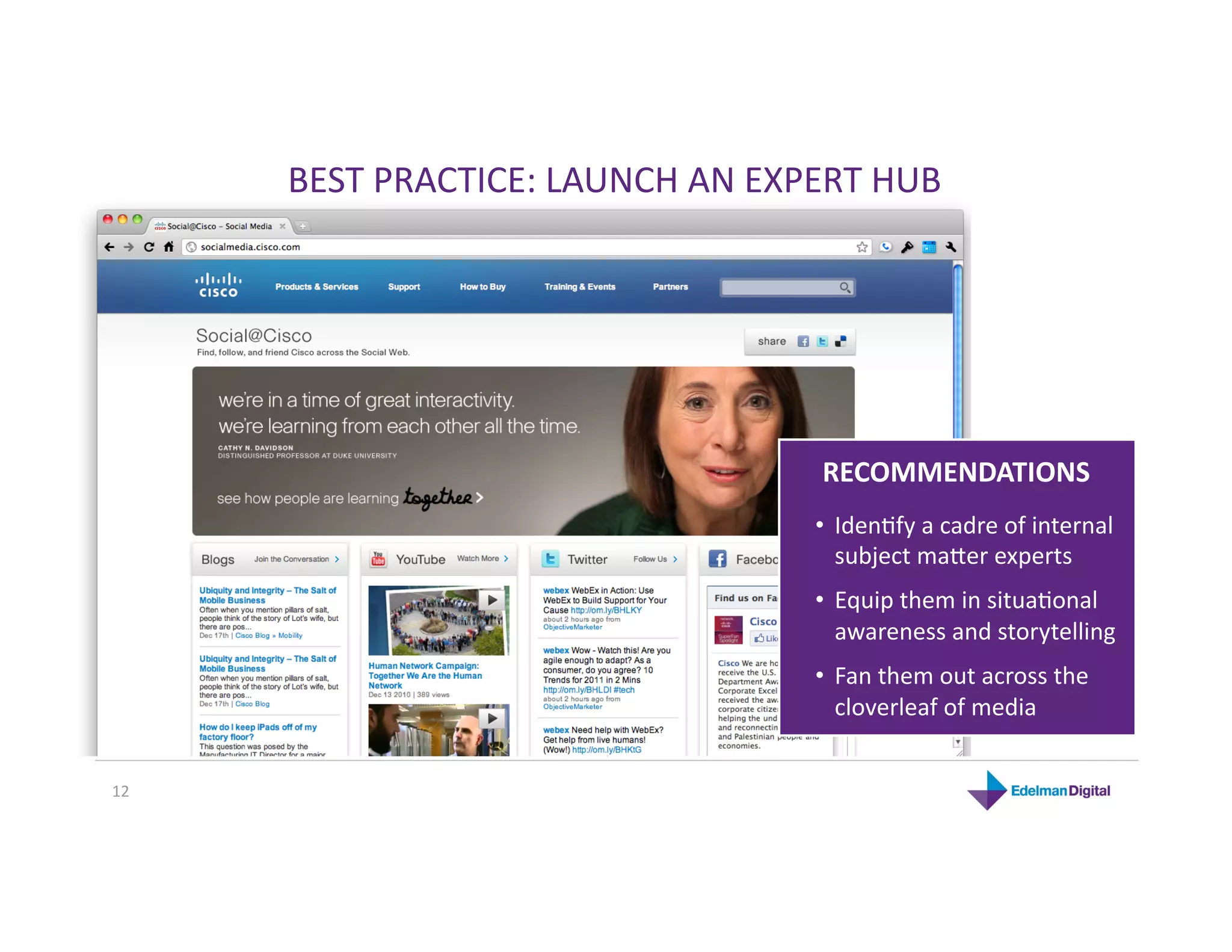BEST PRACTICE: LAUNCH AN EXPERT HUB 




                                   RECOMMENDATIONS  
                                  •  IdenKfy a cadre of internal 
                                     subject maRer experts  
                                  •  Equip them in situaKonal 
                                     awareness and storytelling 
                                  •  Fan them out across the 
                                     cloverleaf of media 


12 
 