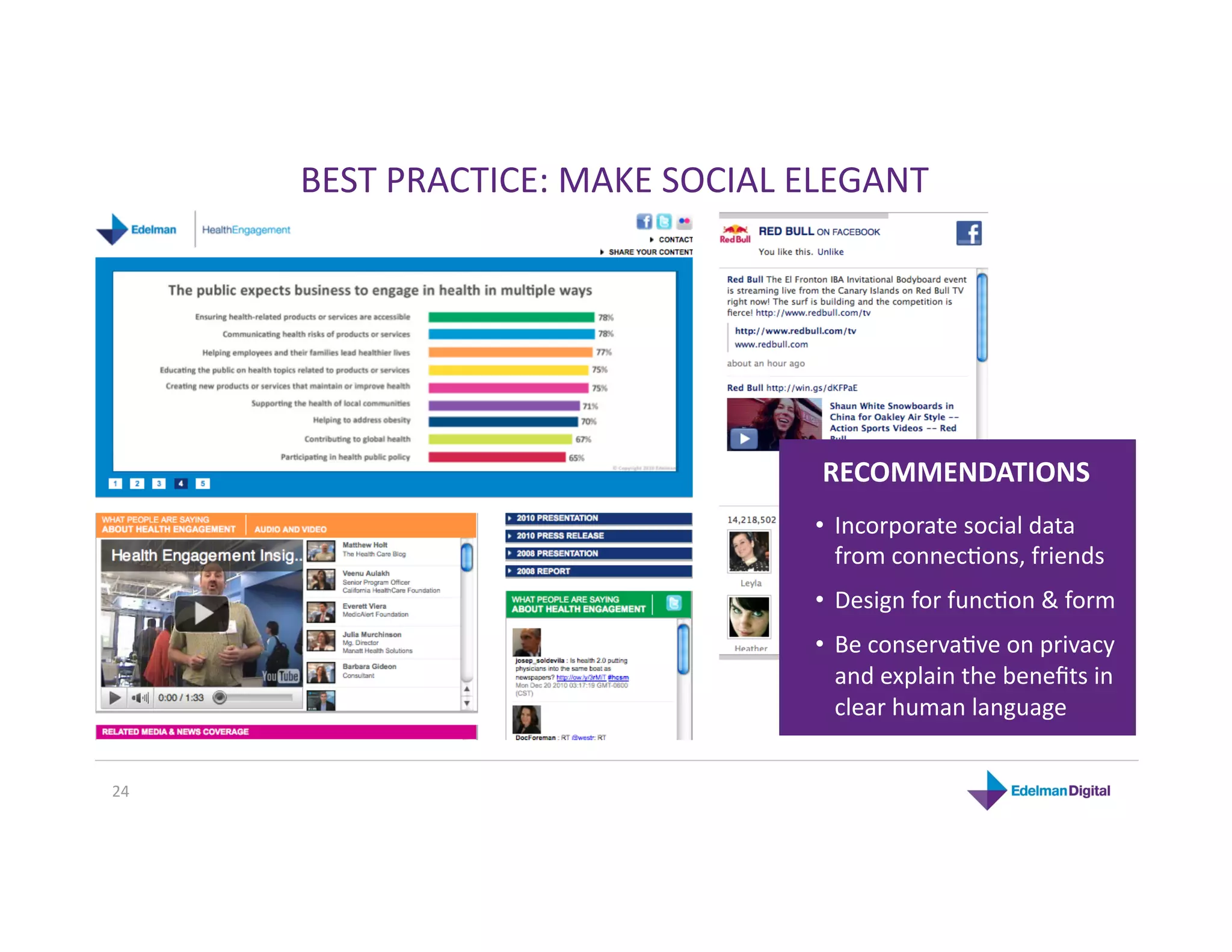 BEST PRACTICE: MAKE SOCIAL ELEGANT 




                                  RECOMMENDATIONS 
                                  •  Incorporate social data 
                                     from connecKons, friends 
                                  •  Design for funcKon & form 
                                  •  Be conservaKve on privacy 
                                     and explain the beneﬁts in 
                                     clear human language 


24 
 