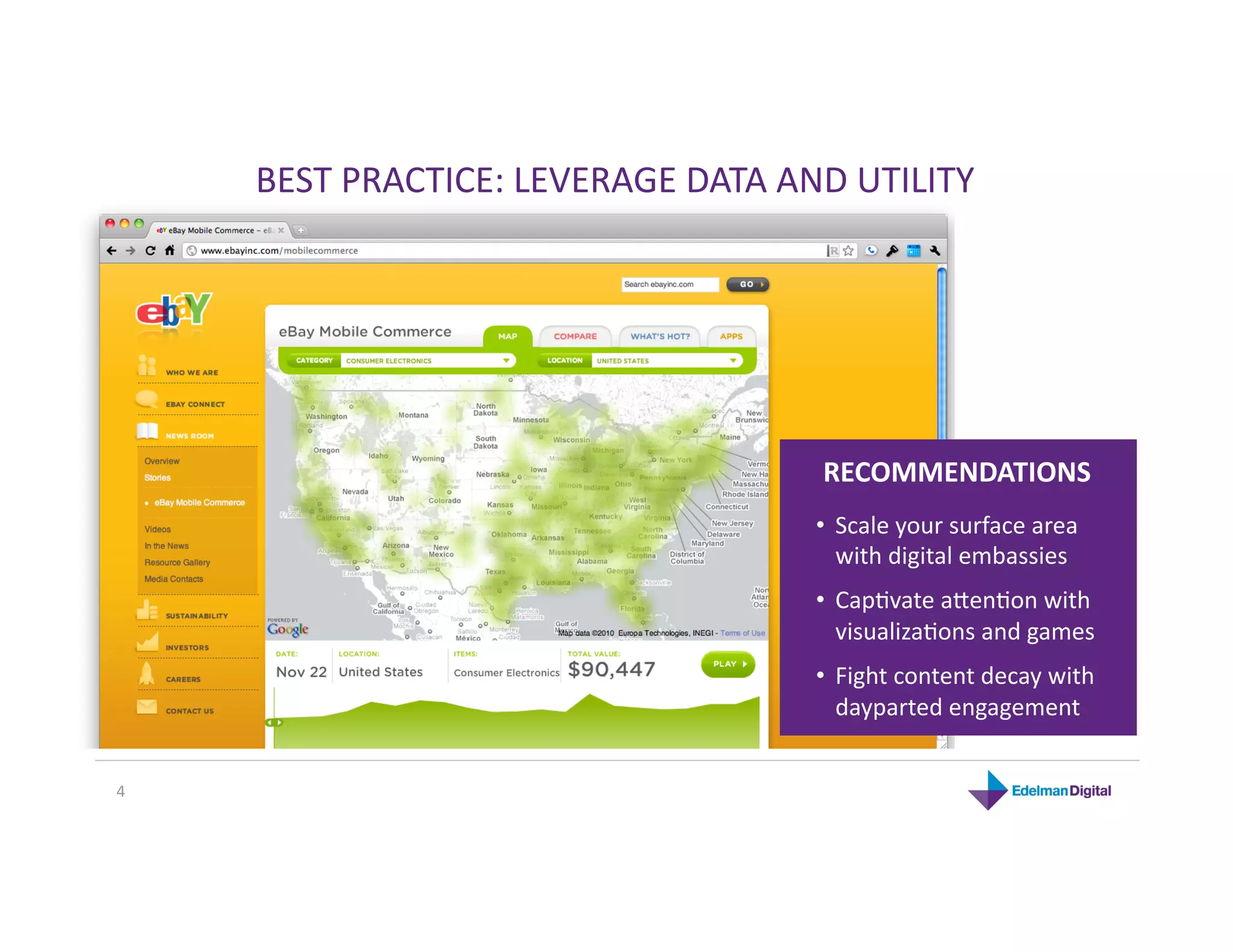 BEST PRACTICE: LEVERAGE DATA AND UTILITY 




                                    RECOMMENDATIONS 
                                    •  Scale your surface area 
                                       with digital embassies 
                                    •  CapKvate aRenKon with 
                                       visualizaKons and games 
                                    •  Fight content decay with 
                                       dayparted engagement 


4 
 