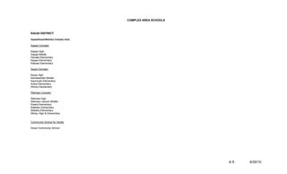COMPLEX AREA SCHOOLS



KAUAI DISTRICT

Kapaa/Kauai/Waimea Complex Area

Kapaa Complex

Kapaa High
Kapaa Middle
Hanalei Elementary
Kapaa Elementary
Kilauea Elementary

Kauai Complex

Kauai High
Kamakahelei Middle
Kaumualii Elementary
Koloa Elementary
Wilcox Elementary

Waimea Complex

Waimea High
Waimea Canyon Middle
Eleele Elementary
Kalaheo Elementary
Kekaha Elementary
Niihau High & Elementary


Community School for Adults

Kauai Community School




                                                         A-5   6/30/10
 