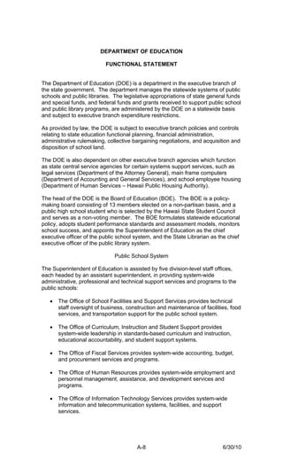 DEPARTMENT OF EDUCATION

                           FUNCTIONAL STATEMENT


The Department of Education (DOE) is a department in the executive branch of
the state government. The department manages the statewide systems of public
schools and public libraries. The legislative appropriations of state general funds
and special funds, and federal funds and grants received to support public school
and public library programs, are administered by the DOE on a statewide basis
and subject to executive branch expenditure restrictions.

As provided by law, the DOE is subject to executive branch policies and controls
relating to state education functional planning, financial administration,
administrative rulemaking, collective bargaining negotiations, and acquisition and
disposition of school land.

The DOE is also dependent on other executive branch agencies which function
as state central service agencies for certain systems support services, such as
legal services (Department of the Attorney General), main frame computers
(Department of Accounting and General Services), and school employee housing
(Department of Human Services – Hawaii Public Housing Authority).

The head of the DOE is the Board of Education (BOE). The BOE is a policy-
making board consisting of 13 members elected on a non-partisan basis, and a
public high school student who is selected by the Hawaii State Student Council
and serves as a non-voting member. The BOE formulates statewide educational
policy, adopts student performance standards and assessment models, monitors
school success, and appoints the Superintendent of Education as the chief
executive officer of the public school system, and the State Librarian as the chief
executive officer of the public library system.

                              Public School System

The Superintendent of Education is assisted by five division-level staff offices,
each headed by an assistant superintendent, in providing system-wide
administrative, professional and technical support services and programs to the
public schools:

   •   The Office of School Facilities and Support Services provides technical
       staff oversight of business, construction and maintenance of facilities, food
       services, and transportation support for the public school system.

   •   The Office of Curriculum, Instruction and Student Support provides
       system-wide leadership in standards-based curriculum and instruction,
       educational accountability, and student support systems.

   •   The Office of Fiscal Services provides system-wide accounting, budget,
       and procurement services and programs.

   •   The Office of Human Resources provides system-wide employment and
       personnel management, assistance, and development services and
       programs.

   •   The Office of Information Technology Services provides system-wide
       information and telecommunication systems, facilities, and support
       services.




                                        A-8                                 6/30/10
 
