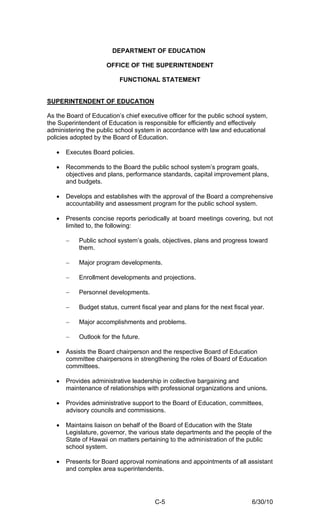 DEPARTMENT OF EDUCATION

                     OFFICE OF THE SUPERINTENDENT

                          FUNCTIONAL STATEMENT


SUPERINTENDENT OF EDUCATION

As the Board of Education’s chief executive officer for the public school system,
the Superintendent of Education is responsible for efficiently and effectively
administering the public school system in accordance with law and educational
policies adopted by the Board of Education.

   •   Executes Board policies.

   •   Recommends to the Board the public school system’s program goals,
       objectives and plans, performance standards, capital improvement plans,
       and budgets.

   •   Develops and establishes with the approval of the Board a comprehensive
       accountability and assessment program for the public school system.

   •   Presents concise reports periodically at board meetings covering, but not
       limited to, the following:

       −   Public school system’s goals, objectives, plans and progress toward
           them.

       −   Major program developments.

       −   Enrollment developments and projections.

       −   Personnel developments.

       −   Budget status, current fiscal year and plans for the next fiscal year.

       −   Major accomplishments and problems.

       −   Outlook for the future.

   •   Assists the Board chairperson and the respective Board of Education
       committee chairpersons in strengthening the roles of Board of Education
       committees.

   •   Provides administrative leadership in collective bargaining and
       maintenance of relationships with professional organizations and unions.

   •   Provides administrative support to the Board of Education, committees,
       advisory councils and commissions.

   •   Maintains liaison on behalf of the Board of Education with the State
       Legislature, governor, the various state departments and the people of the
       State of Hawaii on matters pertaining to the administration of the public
       school system.

   •   Presents for Board approval nominations and appointments of all assistant
       and complex area superintendents.




                                       C-5                                  6/30/10
 