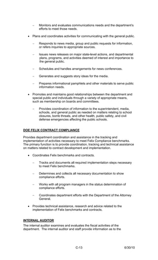 −   Monitors and evaluates communications needs and the department’s
           efforts to meet those needs.

   •   Plans and coordinates activities for communicating with the general public.

       −   Responds to news media, group and public requests for information,
           or refers inquiries to appropriate sources.

       −   Issues news releases on major state-level actions, and departmental
           plans, programs, and activities deemed of interest and importance to
           the general public.

       −   Schedules and handles arrangements for news conferences.

       −   Generates and suggests story ideas for the media.

       −   Prepares informational pamphlets and other materials to serve public
           information needs.

   •   Promotes and maintains good relationships between the department and
       special public and individuals through a variety of appropriate means,
       such as membership on boards and committees.

       −   Provides coordination of information to the superintendent, media,
           schools, and general public as needed on matters relating to school
           closures, bomb threats, and other health, public safety, and civil
           defense emergencies affecting the public schools.


DOE FELIX CONTRACT COMPLIANCE

Provides department coordination and assistance in the tracking and
implementation of activities necessary to meet Felix Compliance benchmarks.
The primary function is to provide coordination, tracking and technical assistance
on matters related to contract development and implementation.

   •   Coordinates Felix benchmarks and contracts.

       −   Tracks and documents all required implementation steps necessary
           to meet Felix benchmarks.

       −   Determines and collects all necessary documentation to show
           compliance efforts.

       −   Works with all program managers in the status determination of
           compliance efforts.

       −   Coordinates department efforts with the Department of the Attorney
           General.

   •   Provides technical assistance, research and advice related to the
       implementation of Felix benchmarks and contracts.


INTERNAL AUDITOR
The internal auditor examines and evaluates the fiscal activities of the
department. The internal auditor and staff provide information as to the




                                      C-13                                 6/30/10
 