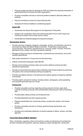 •   Prepares budget requests for electricity for DOE and determines electricity allocations of
        appropriated funds to schools and DOE organizations.

    •   Provides consultation services on technical problems related to electrical utilities and
        buildings.

    •   Pays the centralized invoices for school electricity bills.

    •   Oversees the School installed air conditioning program.

    Hawaii 3Rs

    •   Coordinates the Hawaii 3Rs program for the Department of Education.

    •   Assists in the coordination of the Joint Venture Education Forum (JVEF) repair and
        maintenance projects with schools and the military.

    •   Coordinates the statewide playground equipment program.

Reprographic Section

•   Provides planning, budgeting, designing, preparation, printing, and distribution services to
    all schools and State and District Offices in the DOE. Printed items include reports,
    announcements, memoranda, operational forms, curriculum guides, manuals, brochures,
    attendance forms, posters, and other educational materials.

•   Manages printing according to scheduled lists, unscheduled job submissions, and control
    quarterly expenditures.

•   Sets quality standards for in-house and commercial printing.

•   Awards commercial printing jobs under $25,000.

•   Reviews and processes purchase orders and invoices related to printing and other
    operational requirements.

•   Provides on-the-job learning opportunities to McKinley High School students by partnering
    with graphic arts curriculum/classes (printing and graphics).

•   Provides consultative services in the technical and creative aspects of preparing materials
    to be printed.

•   Provides graphic services for printing, including artwork, photography, photo typesetting
    and computer-generated type and visuals.

    Printing Unit

    •   Provides consultative services regarding printing production format, paper stock,
        methods of binding, production time and estimates total production costs of all printing
        jobs.

    •   Provides plate making, printing, and binding services.

    •   Provides black/white and color copying services.

    •   Prepares specifications for commercial printing, consults with vendors, and reviews
        quotes.

    •   Provides consultative services on funding, general printing requirements, and
        distributions.

    •   Arranges and coordinates distribution of printed materials to offices, schools, and other
        agencies.


FACILITIES DEVELOPMENT BRANCH

Plans, coordinates, organizes, directs and controls a variety of engineering and architectural
services including land acquisition, planning, designing, project management, construction



                                                E-14                                       6/30/10
 
