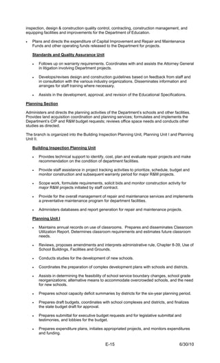 inspection, design & construction quality control, contracting, construction management, and
equipping facilities and improvements for the Department of Education.

•   Plans and directs the expenditure of Capital Improvement and Repair and Maintenance
    Funds and other operating funds released to the Department for projects.

    Standards and Quality Assurance Unit

    •   Follows up on warranty requirements. Coordinates with and assists the Attorney General
        in litigation involving Department projects.

    •   Develops/revises design and construction guidelines based on feedback from staff and
        in consultation with the various industry organizations. Disseminates information and
        arranges for staff training where necessary.

    •   Assists in the development, approval, and revision of the Educational Specifications.

Planning Section

Administers and directs the planning activities of the Department’s schools and other facilities.
Provides land acquisition coordination and planning services; formulates and implements the
Department’s CIP and R&M budget requests; reviews office space needs and conducts other
studies as directed.

The branch is organized into the Building Inspection Planning Unit, Planning Unit I and Planning
Unit II.

    Building Inspection Planning Unit

    •   Provides technical support to identify, cost, plan and evaluate repair projects and make
        recommendation on the condition of department facilities.

    •   Provide staff assistance in project tracking activities to prioritize, schedule, budget and
        monitor construction and subsequent warranty period for major R&M projects.

    •   Scope work, formulate requirements, solicit bids and monitor construction activity for
        major R&M projects initiated by staff contract.

    •   Provide for the overall management of repair and maintenance services and implements
        a preventative maintenance program for department facilities.

    •   Administers databases and report generation for repair and maintenance projects.

    Planning Unit I

    •   Maintains annual records on use of classrooms. Prepares and disseminates Classroom
        Utilization Report. Determines classroom requirements and estimates future classroom
        needs.

    •   Reviews, proposes amendments and interprets administrative rule, Chapter 8-39, Use of
        School Buildings, Facilities and Grounds.

    •   Conducts studies for the development of new schools.

    •   Coordinates the preparation of complex development plans with schools and districts.

    •   Assists in determining the feasibility of school service boundary changes, school grade
        reorganizations; alternative means to accommodate overcrowded schools, and the need
        for new schools.

    •   Prepares school capacity deficit summaries by districts for the six-year planning period.

    •   Prepares draft budgets, coordinates with school complexes and districts, and finalizes
        the state budget draft for approval.

    •   Prepares submittal for executive budget requests and for legislative submittal and
        testimonies, and lobbies for the budget.

    •   Prepares expenditure plans, initiates appropriated projects, and monitors expenditures
        and funding.

                                                E-15                                        6/30/10
 