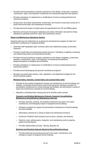 •   Provides technical expertise to program operations on the design, construction, operation,
    maintenance, repair, and inspection of electrical and mechanical equipment and systems.

•   Provides evaluations on replacement or modifications of various existing electrical and
    mechanical systems.

•   Scopes work, formulates requirements, solicits bids, and monitors construction activity for 3-
    quote informal bid repair and maintenance contracts.

•   Provides technical reviews of project plans and specifications for CIP and R&M projects.

•   Maintains and inputs into program databases and utilizes information derived from these
    databases to generate reports for repair and maintenance activity.

Repair and Maintenance Operations Section

Supports planning and implements an on-going and comprehensive program of repair and
preventative maintenance of assigned facilities.

•   Generates staff negotiated repair contracts; plans and implements energy conservation
    measures.

•   Provides overall trade and engineering support services in identifying, budgeting, evaluating
    and implementing repair and maintenance activities.

•   Provides technical expertise to program operations on the design, budgeting, construction,
    operation, maintenance, repair, and inspection of mechanical and electrical
    equipment/systems at assigned school facilities.

•   Provides evaluations on replacement or modifications of various existing electrical and
    mechanical systems.

•   Provides school landscaping and grounds maintenance programs.

•   Develops and administers policies, rules, regulations, and department budgets for the
    school custodial program.

    Windward Oahu, Honolulu, Central Oahu and Leeward Oahu Units

    •   Provides for the overall management of repair and maintenance of school buildings and
        facilities; coordinates these functions with school personnel; develops a program of
        preventative maintenance for school buildings and facilities; and administers a variety of
        repair and maintenance contracts for school buildings.

    •   Operates a centralized lawn mowing service for all Oahu public schools.

        Carpentry and Building Maintenance Subunit--Carpentry Group/Building
        Maintenance Group/Roofing & Maintenance Services

        •   Provides carpentry, painting, and building maintenance services in the repair,
            maintenance, and emergency repairs of assigned school buildings.

        •   Develops a program for regular and preventative maintenance of school buildings
            and other facilities.

        •   Administers contracts for a variety of repair and maintenance functions.

        •   Constructs "finished" wood products such as doors, cabinets, and shelving.

        •   Performs minor roofing repairs, inspection, and maintenance work by clearing
            gutters and downspouts.

        •   Provides utility/auxiliary services: Moving, disposal, etc.

        Electrical and Plumbing Subunit--Electrical Group/Plumbing Group

        •   Provides electrical and plumbing services in the repair, maintenance, and
            emergency repairs of assigned school buildings.




                                                E-19                                      6/30/10
 