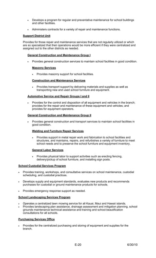 •   Develops a program for regular and preventative maintenance for school buildings
           and other facilities.

       •   Administers contracts for a variety of repair and maintenance functions.

    Support District Unit

    Provides for those repair and maintenance services that are not regularly utilized or which
    are so specialized that their operations would be more efficient if they were centralized and
    assigned out to the other districts as needed.

       General Construction and Maintenance Group I

       •   Provides general construction services to maintain school facilities in good condition.

           Masonry Services

           •   Provides masonry support for school facilities.

           Construction and Maintenance Services

           •   Provides transport support by delivering materials and supplies as well as
               transporting new and used school furniture and equipment.

       Automotive Service and Repair Groups I and II

       •   Provides for the control and disposition of all equipment and vehicles in the branch;
           provides for the repair and maintenance of these equipment and vehicles; and
           provides for equipment operators.

       General Construction and Maintenance Group II

       •   Provides general construction and transport services to maintain school facilities in
           good condition.

           Welding and Furniture Repair Services

           •   Provides support in metal repair work and fabrication to school facilities and
               structures, and maintains, repairs, and refurbishes a variety of furniture to meet
               school needs and to preserve the school furniture and equipment inventory.

           General Labor Services

           •   Provides physical labor to support activities such as erecting fencing,
               delivery/pickup of school furniture, and installing sign posts.

School Custodial Services Program

•   Provides training, workshops, and consultative services on school maintenance, custodial
    scheduling, and custodial practices.

•   Develops supply and equipment standards, evaluates new products and recommends
    purchases for custodial or ground maintenance products for schools.

•   Provides emergency response support as needed.

School Landscaping Services Program

•   Operates a centralized lawn mowing service for all Kauai, Maui and Hawaii islands.
•   Provides landscaping plan assistance, drainage assessment and mitigation planning, school
    grounds maintenance technical assistance and training and school beautification
    consultations for all schools.

Purchasing Services Office

•   Provides for the centralized purchasing and storing of equipment and supplies for the
    branch.




                                              E-20                                        6/30/10
 