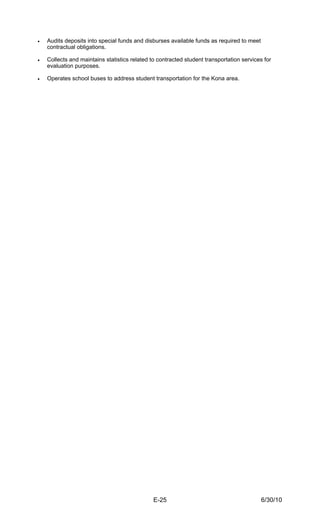 •   Audits deposits into special funds and disburses available funds as required to meet
    contractual obligations.

•   Collects and maintains statistics related to contracted student transportation services for
    evaluation purposes.

•   Operates school buses to address student transportation for the Kona area.




                                               E-25                                        6/30/10
 