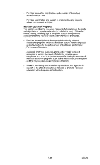 •   Provides leadership, coordination, and oversight of the school
    accreditation process.

•   Provides coordination and support in implementing and planning
    school improvement activities.

Hawaiian Education Programs
This section provides the resources needed to fully implement the goals
and objectives of Hawaiian education to include the study of Hawaiian
culture, history, and language in the public schools along with the
achievement of the Hawaii Content and Performance Standards.

•   Provides leadership in the development of culturally relevant
    educational programs which use Hawaiian culture, history, language
    as the foundation for the achievement of the Hawaii Content and
    Performance Standards.

•   Assesses, analyzes, evaluates, plans and develops tools and
    resources to support the needs of students, complex areas,
    complexes, and schools in relation to the effective implementation of
    Hawaiian education programs such as the Hawaiian Studies Program
    and the Hawaiian Language Immersion Program.

•   Works in partnership with Hawaiian organizations and agencies in
    support of the State Constitutional mandate to promote Hawaiian
    education within the public school system.




                            F-11                                     6/30/10
 