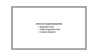OFFICE OF HUMAN RESOURCES
  • Organization Chart
  • Position Organization Chart
  • Functional Statement
 