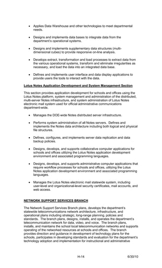 •   Applies Data Warehouse and other technologies to meet departmental
       needs.

   •   Designs and implements data bases to integrate data from the
       department’s operational systems.

   •   Designs and implements supplementary data structures (multi-
       dimensional cubes) to provide responsive on-line analysis.

   •   Develops extract, transformation and load processes to extract data from
       the various operational systems, transform and eliminate irregularities as
       necessary, and load the data into an integrated data base.

   •   Defines and implements user interface and data display applications to
       provide users the tools to interact with the data.

Lotus Notes Application Development and System Management Section

This section provides application development for schools and offices using the
Lotus Notes platform, system management and administration of the distributed,
multi-server Notes infrastructure, and system administration of Lotus Notes
electronic mail system used for official administrative communications
department-wide.

   •   Manages the DOE-wide Notes distributed server infrastructure.

   •   Performs system administration of all Notes servers. Defines and
       implements the Notes data architecture including both logical and physical
       file structures.

   •   Defines, configures, and implements server data replication and data
       backup policies.

   •   Designs, develops, and supports collaborative computer applications for
       schools and offices utilizing the Lotus Notes application development
       environment and associated programming languages.

   •   Designs, develops, and supports administrative computer applications that
       require workflow processes for schools and offices, utilizing the Lotus
       Notes application development environment and associated programming
       languages.

   •   Manages the Lotus Notes electronic mail statewide system, including
       user-level and organizational-level security certificates, mail accounts, and
       web access.


NETWORK SUPPORT SERVICES BRANCH

The Network Support Services Branch plans, develops the department’s
statewide telecommunications network architecture, infrastructure, and
operational plans including strategic, long-range planning, policies and
standards. The branch plans, designs, installs, and operates the department’s
telecommunication network for data, video, and voice. The branch plans,
installs, and maintains the school local telecommunication networks and supports
operating of the networked resources at schools and offices. The branch
provides direction and guidance in development of technology plans for the
schools, participates in developing standards and evaluation for the department’s
technology adoption and implementation for instructional and administrative



                                       H-14                                 6/30/10
 