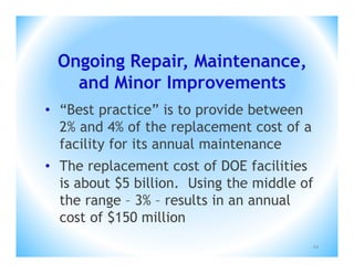 Ongoing Repair, Maintenance,
   and Minor Improvements
• “Best practice” is to provide between
  2% and 4% of the replacement cost of a
  facility for its annual maintenance
• The replacement cost of DOE facilities
  is about $5 billion. Using the middle of
  the range – 3% – results in an annual
  cost of $150 million
                                           44
 