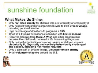 What Makes Us Shine : Only  “A” rated charity  for children who are terminally or chronically ill Only national wish granting organization with its  own Dream Village , providing personal service High percentage of donations to programs =  83%   Once in a lifetime  experiences to families with  limited income Receives referrals from  Make-A-Wish  and other organizations because the children do not need a life threatening diagnoses Only national organization answering dreams of children who are  chronically ill, physically and severely behaviorally challenged and abused, including non-verbal requests Only 2 paid staff at Dream Village.  Volunteer driven charity. 14 all-volunteer chapters  around the U.S. sunshine foundation 