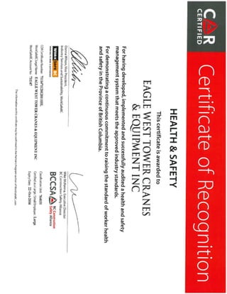 COR Certification - Eagle West Tower Cranes & Equipment Inc