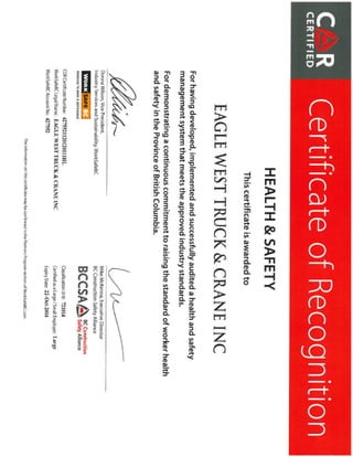 COR Certification - Eagle West Truck & Crane Inc