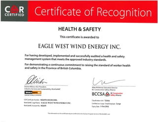 COR Certification - Eagle West Wind Energy Inc