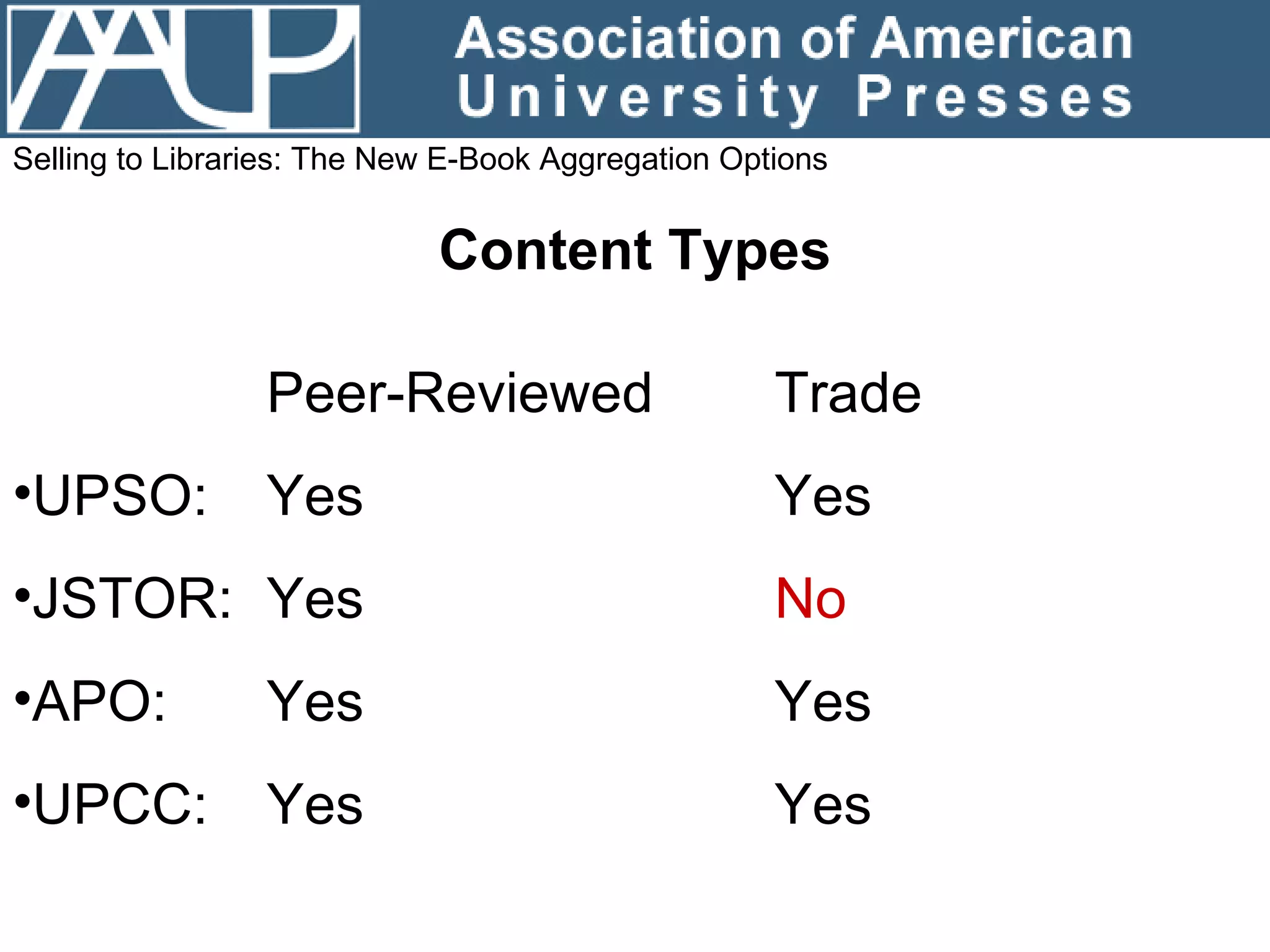 Selling to Libraries: The New E-Book Aggregation Options Content Types Peer-Reviewed Trade UPSO:  Yes Yes JSTOR:  Yes No APO:  Yes Yes UPCC: Yes Yes 