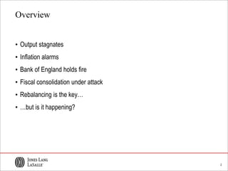2
Overview
• Output stagnates
• Inflation alarms
• Bank of England holds fire
• Fiscal consolidation under attack
• Rebalancing is the key…
• …but is it happening?
 