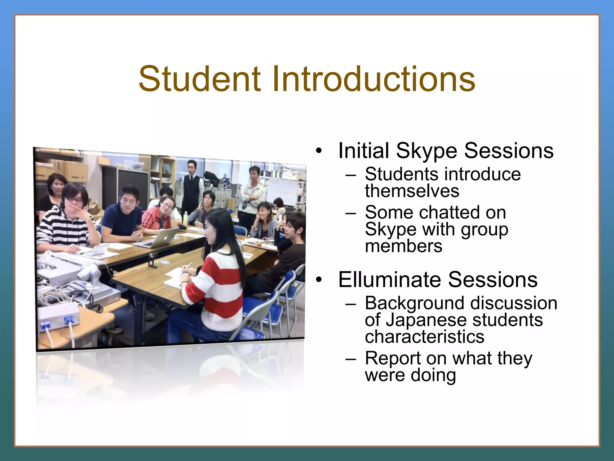 Student Introductions Initial Skype Sessions Students introduce themselves Some chatted on Skype with group members Elluminate Sessions Background discussion of Japanese students characteristics Report on what they were doing 