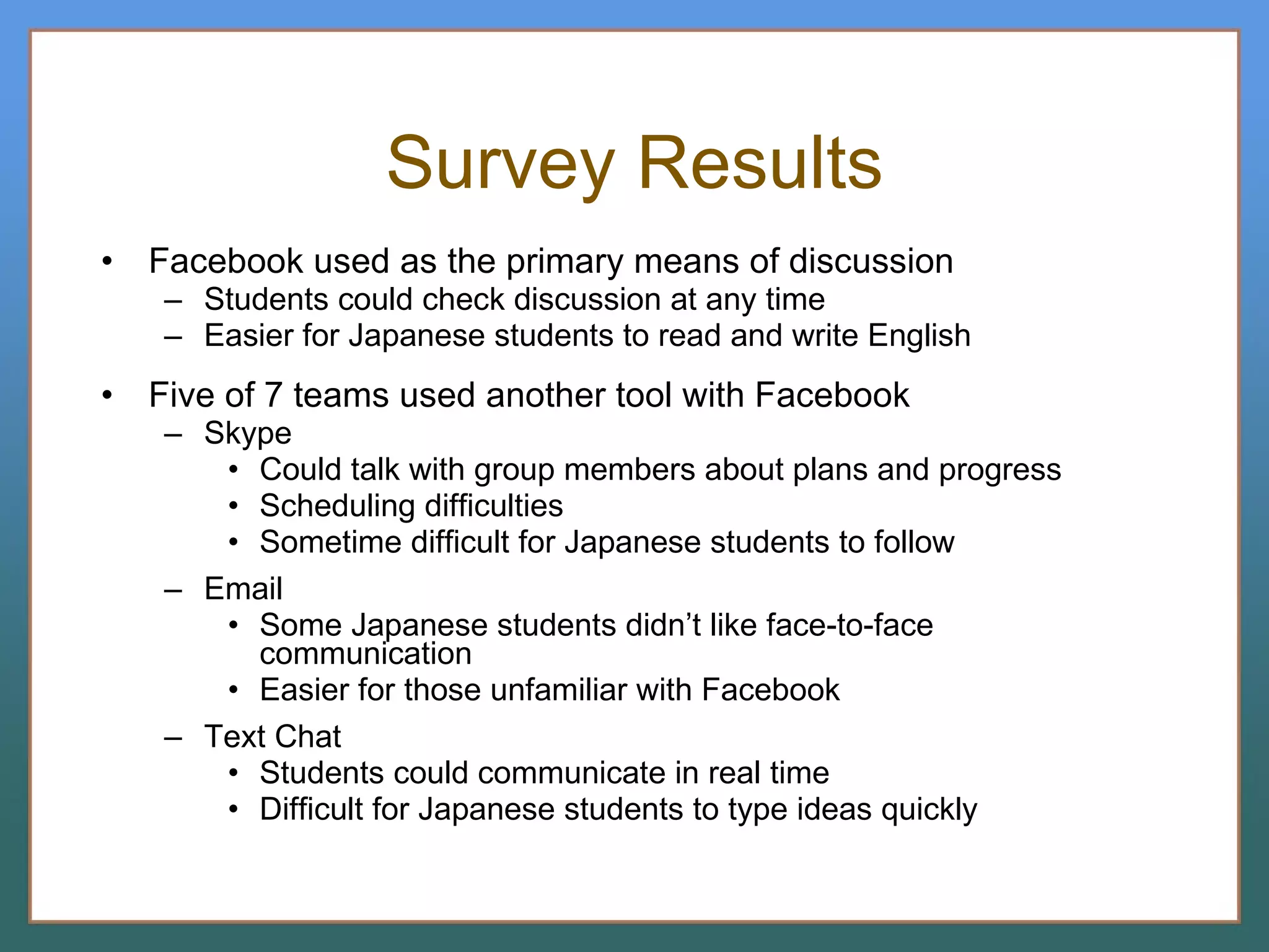 Survey Results Facebook used as the primary means of discussion Students could check discussion at any time Easier for Japanese students to read and write English Five of 7 teams used another tool with Facebook Skype Could talk with group members about plans and progress Scheduling difficulties Sometime difficult for Japanese students to follow Email Some Japanese students didn’t like face-to-face communication Easier for those unfamiliar with Facebook Text Chat Students could communicate in real time Difficult for Japanese students to type ideas quickly 