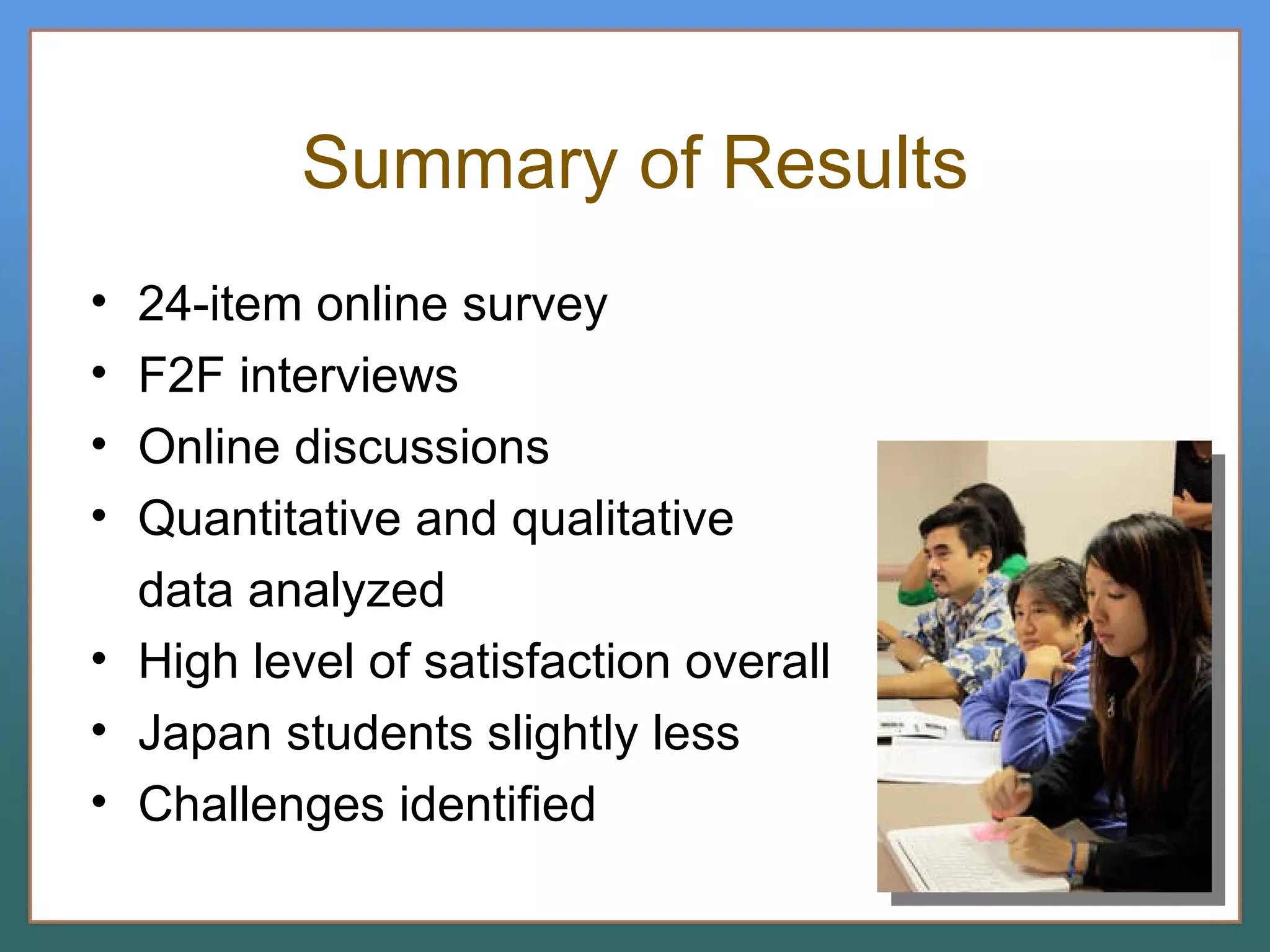 Summary of Results 24-item online survey F2F interviews Online discussions Quantitative and qualitative  data analyzed High level of satisfaction overall Japan students slightly less  Challenges identified 