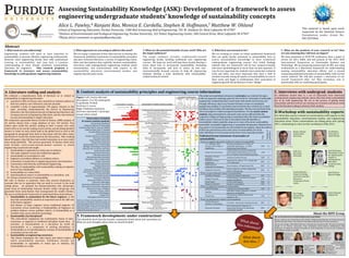 Assessing	
  Sustainability	
  Knowledge	
  (ASK):	
  Development	
  of	
  a	
  framework	
  to	
  assess	
  
                                                                                                engineering	
  undergraduate	
  students’	
  knowledge	
  of	
  sustainability	
  concepts
                                                                                                Alice	
  L.	
  Pawley,*	
  Ranjani	
  Rao,	
  Monica	
  E.	
  Cardella,	
  Stephen	
  R.	
  Hoffmann, †	
  Matthew	
  W.	
  Ohland
                                                                                                                                                                                                                                                                                                                                                                                                                                                                                                                                                                                                                                                                      This	
   material	
   is	
   based	
   upon	
   work	
  
                                                                                                School	
  of	
  Engineering	
  Education,	
  Purdue	
  University.	
  1300	
  Neil	
  Armstrong	
  Hall	
  of	
  Engineering,	
  701	
  W.	
  Stadium	
  Dr,	
  West	
  Lafayette	
  IN	
  47907
                                                                                                †Division	
  of	
  Environmental	
  and	
  Ecological	
  Engineering,	
  Purdue	
  University.	
  322	
  Potter	
  Engineering	
  Center,	
  500	
  Central	
  Drive,	
  West	
  Lafayette	
  IN	
  47907                                                                                                                                                                                                                                                                                                                                                             supported	
   by	
   the	
   National	
   Science	
  
                                                                                                                                                                                                                                                                                                                                                                                                                                                                                                                                                                                                                                                                      Foundation	
   under	
   Grant	
   No.	
  
                                                                                                *Please	
  direct	
  comments	
  to	
  apawley@purdue.edu.                                                                                                                                                                                                                                                                                                                                                                                                                                                                                                            EEC-­‐0935066.


Abstract
1.	
  What	
  need	
  are	
  you	
  addressing?                                                                            2.	
  What	
  approach	
  are	
  you	
  using	
  to	
  address	
  this	
  need?	
                                                                                                                 3.	
  What	
  are	
   the	
   potential	
  beneGits	
  of	
  your	
  work?	
  Who	
   are	
                                                                    4.	
  What	
  have	
  you	
  learned	
  so	
  far?                                                                          5.	
   What	
   are	
   the	
   products	
   of	
   your	
   research	
   so	
   far?	
   How	
  
Engineering	
   students	
   will	
   need	
   to	
   have	
   expertise	
   in	
                                          We	
   are	
  using	
   a	
  composite	
  of	
   four	
   data	
   sources	
  to	
   develop	
  the	
                                                                                             the	
  target	
  audiences?	
                                                                                                                                  We	
   are	
   working	
   to	
   create	
   an	
   initial	
   synthesized	
   framework	
                                 are	
  you	
  ensuring	
  they	
  will	
  have	
  an	
  impact?	
  
sustainability	
   to	
   become	
   effective	
   engineering	
   professionals.	
  
                                                                                  	
                                       framework:	
  published	
  statements	
  of	
  sustainability	
   principles	
                                                                                                                    The	
   target	
   audience	
   includes	
   traditionally-­‐trained	
                                                                                         that	
   can	
   guide	
   faculty	
   untrained	
   in	
   sustainability	
   how	
   to	
                                 We	
   have	
   presented	
   at	
   2010	
  FIE	
   conference,	
  have	
   a	
   paper	
  in	
  
However,	
   most	
   engineering	
   faculty	
   have	
   little	
   professional	
                                       and	
  peer-­‐reviewed	
  literature;	
  a	
  survey	
  of	
   engineering	
  course	
                                                                                                            engineering	
   faculty	
   teaching	
   traditional	
   core	
   engineering	
                                                                                assess	
   sustainability	
   knowledge	
   in	
   their	
   traditional	
                                                  review	
   for	
   2011	
   ASEE,	
   and	
   will	
   present	
   at	
   the	
   2011	
   IEEE	
  
training	
   in	
   sustainability,	
   and	
   may	
   lack	
   a	
   common	
                                            titles	
   and	
  descriptions	
  that	
  explicitly	
  mention	
  sustainability;	
                                                                                                              courses.	
  	
  We	
  hope	
   our	
  work	
   will	
  help	
   these	
  faculty	
  develop	
   a	
                                                            undergraduate	
   engineering	
   courses.	
   Our	
   initial	
   Pindings	
                                               International	
   Symposium	
   on	
   Sustainable	
   Systems	
   and	
  
understanding	
   of	
   what	
   should	
   constitute	
   sustainability	
                                               interviews	
   with	
   undergraduate	
   engineering	
   students	
   about	
                                                                                                                    sense	
   about	
   how	
   to	
   incorporate	
   sustainability	
   (including	
                                                                             indicate	
   that	
   our	
   framework	
   will	
   be	
   less	
   content-­‐oriented,	
                                  Technology.	
   	
  We	
  are	
  preparing	
  manuscripts	
  for	
  JEE,	
  one	
   using	
  
education	
   for	
   engineers.	
   	
   This	
   research	
   proposes	
   a	
                                           sustainability;	
   and	
   conversations	
   with	
   experts	
   in	
   the	
                                                                                                                   what	
   to	
   incorporate,	
   and	
   how	
   to	
   assess	
   it)	
   into	
   non-­‐                                                                     and	
  more	
  epistemological	
  in	
  focus,	
  than	
  we	
  had	
  expected,.	
  It	
                                   ecofeminism	
   as	
   a	
   theoretical	
   framework	
   for	
   understanding	
  
framework	
   to	
   structure	
   and	
   assess	
   sustainability	
                                                     sustainability	
   education,	
   environmental	
   studies,	
   and	
                                                                                                                            environmentally	
   focused	
   courses,	
   to	
   help	
   all	
   engineering	
                                                                             may	
  be	
  less	
  important	
   for	
  students	
  learn	
   particular	
  technical	
                                   existing	
   sustainability	
   education	
   efforts,	
   and	
   a	
   second	
  
knowledge	
  in	
  undergraduate	
  engineering	
  students.                                                               engineering	
  education	
  areas.	
                                                                                                                                                              students	
   develop	
   a	
   basic	
   familiarity	
   with	
   sustainability-­‐                                                                            tools	
   and	
   skills,	
   and	
   more	
   important	
   they	
   have	
   a	
   shift	
   in	
                         comparing	
  published	
  principles	
  of	
  sustainability	
  with	
  current	
  
                                                                                                                                                                                                                                                                                                                             related	
  technical	
  content.                                                                                                                               mindset	
  towards	
  seeing	
  all	
  aspects	
  of	
  sustainability	
  as	
  core	
  to	
                                course	
   material.	
   We	
   will	
   also	
   prepare	
   a	
   discussion	
   of	
   our	
  
                                                                                                                                                                                                                                                                                                                                                                                                                                                                                            their	
   work,	
   and	
   begin	
   to	
   problematize	
   their	
   association	
   of	
                                overall	
   framework	
   after	
   our	
   May	
   workshop,	
   and	
   in	
  
                                                                                                                                                                                                                                                                                                                                                                                                                                                                                            engineering	
  with	
  the	
  production	
  of	
  new	
  "things."                                                          partnership	
  with	
  our	
  workshop	
  participants.



A.	
  Literature	
  coding	
  and	
  analysis                                                                                   B.	
  Content	
  analysis	
  of	
  sustainability	
  pand	
  descriptions	
  and	
  sustainability	
  principles
                                                                                                                                        Content	
  analysis	
  of	
  course	
  titles	
   rinciples	
  and	
  engineering	
  course	
  information                                                                                                                                                                                                                                                                                                                                                            C.	
  Interviews	
  with	
  undergrad.	
  students
We	
   collected	
   a	
   comprehensive	
   body	
   of	
   literature	
   on	
   or	
   related	
   to	
                      For	
  the	
  former,	
  we	
  compiled	
  a	
  list	
  of	
  XX	
  statements	
  (-­‐-­‐>),	
  then	
  coded	
  them	
  for	
  content	
  and	
  key	
  ideas.	
                                                                                                                                                                 The	
  initial	
  set	
  of	
  published	
  statements	
  of	
  principles	
  was	
  collected	
  through	
  a	
                            An	
   additional	
   second	
   data	
   is	
   a	
   set	
   of	
   transcripts	
   from	
   interviews	
  
sustainability	
  in	
  engineering	
  education:	
                                                                             Figure:	
  Left:	
  Course	
  title	
  and	
                                                                                                                             STATEMENTS OF PRINCIPLES
                                                                                                                                                                                                                                                                                                                                                                                                           ENGINEERING            GOVT'L      INDUST.        EDUC.wide-­‐net	
  approach,	
  including	
  a	
  general	
  web	
  search	
  for	
  “principles	
  of	
  sustainable	
                          undergraduate	
  engineering	
  students	
  about	
  what	
  they	
  think	
  sustainability	
  
  • searched	
  in	
  Web	
  of	
  Science,	
  then	
  searched	
  on	
  relevant	
  authors	
  to	
                            description.	
  U	
  or	
  UG=undergrad;	
                                                                                                                                                                                                                                    FOCUS               FOCUS        FOCUS         FOCUS

                                                                                                                                                                                                                                                                                                                                                                                                                                                                  engineering,”	
  standard	
  literature	
  search	
  tools	
  with	
  similar	
  search	
  terms,	
  and	
                                  has	
   to	
   do	
   with	
   engineering.	
   We	
   are	
   in	
   the	
   process	
   of	
   getting	
   these	
  




                                                                                                                                                                                                                                                                                                                                                                                                     Green Engineering
                                                                                                                                G=graduate;	
  D=dual.	
  	
  




                                                                                                                                                                                                                                                                                                                                                                                                     Green Chemistry
                                                                                                                                                                                                                                                                                                                                                                                                                                                                                                                                                                                                              transcribed,	
  and	
  then	
  will	
  use	
  our	
  existing	
  set	
  of	
  content	
   and	
  theme	
  codes	
  




                                                                                                                                                                                                                                                                                                                                                                                                     Royal Academy
                                                                                                                                                                                                                                                                                                                                                                                                     Design for Env.
         find	
  new	
  authors,	
  new	
  references,	
  and	
  new	
  journals                                                                                                                                                                                                                                                                                                                                                                                  through	
  references	
  cited	
  in	
  our	
  broader	
  literature	
  review	
  on	
  sustainable	
  




                                                                                                                                                                                                                                                                                                                                                                                                                              Earth Charter
                                                                                                                                                                                                                                         !"!#$%&$'%(%#)*#+,-,!*$&.*%.,$!*/01.,!2




                                                                                                                                                                                                                                                                                                                                                                                                                                              Natural Step
                                                                                                                                                                                               ENGINEERING COURSES
                                                                                                                                Each	
  box=1	
  course                                                                                                                                                                                                                                                                                                                                                                                                                                                       from	
  the	
  literature	
  coding	
  to	
  structure	
  their	
  analysis.	
  	
  




                                                                                                                                                                                                                                                                                                                                                                                                                              Ahwahnee




                                                                                                                                                                                                                                                                                                                                                                                                                                                             Barcelona
                                                                                                                                                                                                                                                                                                                                                                                                                              Hannover
  • compiled	
   a	
   body	
   of	
   approximately	
   150	
   papers	
   relevant	
   to	
   the	
  




                                                                                                                                                                                                                                                                                                                                                                                                     Sandestin
                                                                                                                                                                                                                                                                                                                                                                                                                                                                  engineering,	
  yielding	
  15	
  sets	
  (below)	
  and	
  sorted	
  into	
  four	
  contexts	
  (L).	
  In	
  total,	
  




                                                                                                                                                                                                                                                                                                                                                                                                     Chameau




                                                                                                                                                                                                                                                                                                                                                                                                                                              Interface
                                                                                                                                                                                                                                                                                                                                                                                                                              Bellagio




                                                                                                                                                                                                                                                                                                                                                                                                                                                             ITESM
                                                                                                                                                                                                                                                                                                                                                                                                                                              Ceres
                                                                                                                                                                                                                                                 WIDTH OF ONE COURSE -->                     <--

         topic,	
   searching	
   comprehensively	
   the	
   Journal	
   of	
   Engineering	
                                  Right:	
  Published	
  statement.	
                                                                                                                                                                                                                                                                                               the	
  fifteen	
  sets	
  included	
  160	
  individual	
  principles.	
  	
  We	
  then	
  surveyed	
  half	
  of	
  the	
  
                                                                                                                                                                                                                                         #345676894:*,9;6389<=974:*,9>69==369>*?84:@
                                                                                                                                                                                                                                                                                                                                                                                                                                                                                                                                                                                                              D.Workshop	
  with	
  sustainability	
  experts
                                                                                                                                                                                                                                                                                         GD              U

         Education,	
  the	
  International	
  Journal	
  of	
  Engineering	
  Education,	
  the	
                              Each	
  box	
  represents	
  1	
  principle,	
                                                                     !"#$%&'(%)*+,+%&'("-.(/$"0%/(1$,)2("-.(/34"-5
                                                                                                                                                                                                                                                                                      G
                                                                                                                                                                                                                                                    60+4+-"%$'(4+-+4+7$'("-.8)9(4"-":$(;"<%$
                                                                                                                                                                                                                                                                             G         D
                                                                                                                                                                                                                                                                                                       U
                                                                                                                                                                                                                                                                                                           U
                                                                                                                                                                                                                                                                                                                                                                                                              4           3                    2       2          sets	
  of	
  principles	
  to	
  collect	
  emergent	
  broad	
  themes.	
  	
  For	
  the	
  course	
  content	
  
         European	
   Journal	
   of	
   Engineering	
  Education,	
  and	
  the	
  International	
                             except	
  where	
  noted.                                                                                  1=$<+:-(#)95($-$9:&2$#>+,+$-%(%9"-<?)9%"%+)-("-.(.+<%9+@3%+)-
                                                                                                                                                                                                                                                                                     G   D                 U                                                                                                                  5                                   analysis,	
  data	
  presented	
  here	
  represents	
  only	
  courses	
  offered	
  within	
  the	
  
                                                                                                                                                                                                                                                   1=$<+:-(#)95($-$9:&($#>+,+$-,&'(,)-<$9A"%+)-
                                                                                                                                                                                                                                                             G               D                       U                                                                                                            2                                                                                                                                                                                           Our	
  third	
  data	
  source	
  is	
  based	
  on	
  conversations	
   with	
  experts	
  in	
  the	
  
         Journal	
  of	
  Sustainability	
  in	
  Higher	
  Education.	
  	
                                                                                                                                                                                                             G          D          U               B<$()#(9$-$;"@0$(#$$.<%),C<("-.(9$<)39,$<(1-)-2$-$9:&5                                                                             respective	
  Colleges	
  of	
  Engineering	
  (or	
  equivalent-­‐title).	
  We	
  relied	
  on	
  published	
  
                                                                                                                                                       Universities	
  included	
                                                                                    G                             U                                                D)003%+)-(?9$A$-%+)-
                                                                                                                                                                                                                                                                                                                                                                                                                                                                  (either	
  print	
  or	
  web)	
  text	
  in	
  title	
  or	
  description	
  that	
  self-­‐identifies	
  as	
                             sustainability	
   education,	
   environmental	
   studies,	
   and	
   engineering	
  
We	
  conducted	
  a	
  grounded	
  theory	
  (Corbin	
  &	
  Strauss,	
  2008)	
  analysis	
  of	
                                            in	
  course	
  content	
  analysis
                                                                                                                                                                                                                                         G           D                                   U                                             B<$()#(9$-$;"@0$()9(-"%39"0($-$9:&(>0);<
                                                                                                                                                                                                                                                                                                                   E??9)?9+"%$(3<$(9"%$<(1$F:F'(#)9("<<+4+0"%+)-'(9$:$-$9"%+)-'(.$A$0)?4$-%()#()?%+)-<52                                                                                                                                                                                                      education	
   areas.	
  These	
   conversations	
  are	
   taking	
   place	
  over	
  spring	
  
42	
   articles	
   chosen	
   from	
   a	
   large	
   database	
   of	
   over	
   150	
   articles.	
   Two	
                                                                                                                                                                                                                  !A=B6C6B*%7=<@*78*D387=B7*83*%<A38;=
                                                                                                                                                                                                                                                                                                                                                                                                                                                                  sustainability	
  related,	
  explicitly	
  using	
  one	
  or	
  more	
  of	
  the	
  terms	
  sustainability,	
  
                                                                                                                                                             Arizona	
  State	
  University                                                                                                                    U
                                                                                                                                                                                                                                                                                                                                                                                                                                                                                                                                                                                                              2011,	
  culminating	
  in	
  a	
  face-­‐to-­‐face	
  workshop	
  in	
  May	
  2011.	
  
coders	
   open	
   coded	
   the	
   articles,	
   making	
   at	
   least	
   4	
   passes	
   over	
   each	
                             California	
  Institute	
  of	
  Technology
                                                                                                                                                                                                                                                                 G           D                       UG                                        G$<)39,$(,)-<$9A"%+)-                                              2                                               sustainable,	
  sustainable	
  engineering,	
  or	
  sustainable	
  development.	
  Related	
  terms	
  
                                                                                                                                                                                                                                                                                                              G                    D9)%$,%+)-()#(@+)<?/$9$("-.($,)0):+,"0(<&<%$4<                                                                              Table 1: Summary and details about the formal statements of principles of sustainability.
                                                                                                                                      California	
  Poly.	
  State	
  U.,	
  San	
  Luis	
  Obispo                                                                                                           GU           D9)4)%+)-()#(/34"-(;$0#"9$'(@"<+,(/34"-(-$$.<'("-.(H3"0+%&()#(0+#$                              2                                       (e.g.,	
  green	
  or	
  environmental)	
  are	
  not	
  included	
  in	
  the	
  analysis,	
  unless	
  the	
  authors	
  
article	
  (first	
  as	
  an	
  overall	
  reading	
  of	
  each	
  article,	
  second	
   taking	
  detailed	
                                                                                                                                                                                                                        D9)%$,%+)-()#($-A+9)-4$-%"0(#$"%39$<
                                                                                                                                              California	
  State	
  Poly.	
  U.,	
  Pomona                                                                                                                    G                            6-A+9)-4$-%"0(+4?9)A$4$-%                                                                                             of	
  the	
  texts	
  paired	
  those	
  terms	
  with	
  a	
  form	
  of	
  sustainability.	
  Use	
  of	
  the	
  
memos	
   or	
  notes	
  on	
   each	
  article	
  both	
   at	
   the	
  global	
  level	
   as	
  well	
  as	
   the	
  




                                                                                                                                                                                                                                                                                                                                                                                                                                                                                                                                                                                     Number of
                                                                                                                                                      Carnegie	
  Mellon	
  University                                                                                                                                                      D9)%$,%+)-()#(;"%$9(9$<)39,$<                                                                                                                                                                                                                                                                             Braden	
  Allenby,	
                                             Jim	
  Mihelcic,	
  




                                                                                                                                                                                                                                                                                                                                                                                                                                                                                                                                                                                                  Reference
                                                                                                                                                                                                                                             G               D                        UG




                                                                                                                                                                                                                                                                                                                                                                                                                                                                                                                                                                                     principles
                                                                                                                                                                                                                                                                                                                                         ,7E6B@*495*?F6569>*'=:6=G@                                                                                               other	
  definitions	
  of	
  word	
  sustain	
  and	
  its	
  forms	
  were	
  manually	
  excluded.
paragraph	
  by	
   paragraph	
   level,	
  third	
  in	
  discussion	
   with	
   the	
  other	
  coder,	
                                                            Cornell	
  University
                                                                                                                                                                                                                                                                                         G               U
                                                                                                                                                                                                                                                                                                               U                                I-%$9:$-$9"%+)-"0($H3+%&                                                                                      2
                                                                                                                                                                                                                                                                                                                                                                                                                                                                                                                                                                                                                                                      Arizona	
  State	
                                               University	
  of	
  
and	
  fourth	
  to	
  recode	
  the	
  article	
  based	
  on	
  the	
  discussion).	
  	
  After	
  reading	
                                Georgia	
  Institute	
  of	
  Technology                                                                                                                                                                                                                                                                                  Published	
  formal	
  statements	
  of	
  principles	
  of	
                                                                                                                University                                                       South	
  Florida




                                                                                                                                                                                                                                                                                                                                                                                                                                                                                                                                                                             Year
                                                                                                                                                                                                                                                                                                                                              D$9<)-"0($.3,"%+)-"0(A"03$<(                                                                                    2 2
                                                                                                                                                                                                                                                                                                                                 G+:/%()#(,)2$*+<%$-,$(1$,)("-.(/34"-5("-.(,)29$<?$,%                                                  3
                                                                                                                                                                Iowa	
  State	
  University                                                                                                                                                                                                                                                                              sustainability
about	
  40	
  papers,	
  they	
  felt	
   they	
  had	
  reached	
  saturation	
   as	
   no	
  new	
  codes	
                                        James	
  Madison	
  University
                                                                                                                                                                                                                                                                                                               U                  =$)-%)0):+,"0(?9+-,+?0$<()#($-:+-$$9+-:(?9)#$<<+)-
                                                                                                                                                                                                                                                                                                                                           D$9<)-"0($%/+,"0(9$<?)-<+@+0+%&12+$<5                                                                              3

were	
  being	
  identified.	
   	
   This	
   process	
   generated	
   10	
   themes	
   which	
  deal	
                                                    Kansas	
  State	
  University                                                                                                                    U
                                                                                                                                                                                                                                                                                                                                                  !?+9+%3"0(+4?)9%"-,$
                                                                                                                                                                                                                                                                                                                                                 D9$,"3%+)-"9&(?9+-,+?0$
                                                                                                                                                                                                                                                                                                                                                                                                                                                                          Focus on engineering and/or technical context of sustainability
                                                                                                                                            Massachusetts	
  Inst.	
  of	
  Technology                                                                                                                                                                                                                                                                                          J.-L. Chameau, Dean,               Keynote presentation on “Criteria of
with	
   broader	
   socio-­‐econo-­‐environ-­‐mental	
   contexts	
   in	
   which	
                                                                                                                                                                                                                                                      I-%$9.$?$-.$-,$(1$,)("-.(/34"-5
                                                                                                                                                                                                                                                                                                                                 J)-$<%&()#(?9",%+,$'("0+:-4$-%()#(?9+-,+?0$("-.(",%+)-
                                                                                                                                                                                                                                                                                                                                                                                                                                                                                Georgia Tech College of            sustainable technologies,” at ASEE                       1999        10          [9]
                                                                                                                                            Michigan	
  Technological	
  University
engineering	
  is	
  practiced	
  and	
  taught.	
                                                                                          Missouri	
  Univ.	
  of	
  Science	
  and	
  Tech.
                                                                                                                                                                                                                                                         G           D                       U
                                                                                                                                                                                                                                                                                                 G         U
                                                                                                                                                                                                                                                                                                                                         !8B64:*495*!8B6=74:*$@A=B7@
                                                                                                                                                                                                                                                                                                                                  =$4),9",&'(<),+"0($H3+%&'(K3<%+,$'("-.(/34"-(9+:/%<                                                  4
                                                                                                                                                                                                                                                                                                                                                                                                                                                                                Engineering                        Engineering Deans Institute
  1. Sustainability	
  in	
  opposition	
  to	
  status	
  quo	
  in	
  industry;	
                                                                                North	
  Carolina	
  A&T                                                                                              D               U
                                                                                                                                                                                                                                                                                                                                L0$"9(4)-+%)9+-:'(9$?)9%+-:'("-.(</"9+-:()#(+-#)94"%+)-
                                                                                                                                                                                                                                                                                                                                                !%"C$/)0.$9($-:":$4$-%
                                                                                                                                                                                                                                                                                                                                                                                                                                               2                                                                   United Nations Environment Programme
                                                                                                                                                                                                                                                                                                                                                                                                                                                                                                                                                                                                                                                      Andy	
  Lau,	
                                                  Jean	
  MacGregor,	
  
                                                                                                                                                                                                                                                                                                                                                                                                                                                                                Design for Environment             and Canadian Natural Resources Council,                 ~1995         7        [10]
  2. The	
  super-­‐engineer	
  versus	
  the	
  traditional	
  engineer;	
                                                                    North	
  Carolina	
  State	
  University                                                                                                                                                           M?$-(,)443-+,"%+)-
                                                                                                                                                                                                                                                                                                                                             L30%39"0("-.(0),"0(";"9$-$<<                                                                                                                                          focus on industry and manufacturing design
                                                                                                                                                                                                                                                                                                                                                                                                                                                                                                                                                                                                                                                      Penn	
  State	
                                                 Washington	
  Center	
  
                                                                                                                                                                Ohio	
  State	
  University                                                                                                   G            U
                                                                                                                                                                                                                                                                                                                                                                                                                                                                                                                                                                                                                                                                                                                      for	
  Improving	
  the	
  
  3. Sustainability	
  as	
  normalized	
  or	
  soft;	
                                                                                            Pennsylvania	
  State	
  University
                                                                                                                                                                                                                                                                                                                                                 60+4+-"%+)-()#(?)A$9%&
                                                                                                                                                                                                                                                                                                                                                                                                                                                                                Principles of Green                                                                                                                                                   University
                                                                                                                                                                                                                                                                                                                                      D/&<+,"0(<?",$<(.$<+:-$.(#)9(<),+"0(.+A$9<+%&                                           2
                                                                                                                                                                                                                                                                                                                                                                                                                                                                                                                   American Chemical Society                                1998        12        [11]                                                                                                                Quality	
  of	
  
  4. Engineers	
  as	
  problem	
  definers	
  or	
  problem	
  solvers;	
                                                                    Polytechnic	
  Univ.	
  of	
  Puerto	
  Rico                                                                                                                     U
                                                                                                                                                                                                                                                                                                                                          =$<+:-(#)9()?$-(<?",$'(?3@0+,(<?",$
                                                                                                                                                                                                                                                                                                                                               6-/"-,$(#)94"0($.3,"%+)-
                                                                                                                                                                                                                                                                                                                                                                                                                              2                                                 Chemistry
                                                                                                                                                                                                                                                                                                                                                                                                                                                                                                                                                                                                                                                                                                                      Undergraduate	
  
  5. Convention	
  vs	
  modernity	
  in	
  engineering	
  practice	
  and	
  education;	
                                                                            Purdue	
  University                                                                                                                                                                                                                                                                                      Principles of Green                Journal article, authors = P.T. Anastas and
                                                                                                                                                                                                                                                                                     D               U
                                                                                                                                                                                                                                                                                                                                                N)-2A+)0$-,$("-.(?$",$
                                                                                                                                                                                                                                                                                                                                                O0)@"0+7"%+)-(";"9$-$<<                                                                                                         Engineering                        J. B. Zimmerman
                                                                                                                                                                                                                                                                                                                                                                                                                                                                                                                                                                            2003        12        [12]                                                                                                                Education,	
  
  6. Connections	
  with	
  diversity	
  and	
  feminist	
  engineering;	
                                                                                 San	
  Jose	
  State	
  University                                                                                    G                   U                                  I-%$9",%+)-()#($-:+-$$9+-:("-.(<),+$%&                                                                                                                                                                                                                                                                                                                                        Evergreen	
  State	
  
                                                                                                                                                                   Stanford	
  University                                                            G                   D                       U                                          D"9%+,+?"%+)-(+-(?)0+,&24"C+-:                                                                                                      Engineering for
                                                                                                                                                                                                                                                                                                                                                                                                                                                                                                                   Royal Academy of Engineering (UK)                        2005        12        [13]                                                                                                                College
  7. The	
  idea	
  of	
  employability,	
  with	
  sustainability	
   making	
  an	
   engineer	
                                                             Texas	
  A&M	
  University                                                                                                                      U                        ,9>69==369>*.=@6>9*0367=364                                                                                                             Sustainable Development
         more	
  or	
  less	
  employable;	
  	
                                                                                             University	
  of	
  California,	
  Berkeley
                                                                                                                                                                                                                                                                                                                                             J)0+<%+,(+-%$:9"%+)-("-.(.$<+:-                                                  2 3                                                                                  Expert conference on Green Engineering,
                                                                                                                                                                                                                                                                                                                                     6,)-)4&()#(%9"-<+%+)-()#(#$$.<%),C(%)(?9).3,%                            3 3                                                               Sandestin Conference                                                                   2003    9+                 [14]
                                                                                                                                                                                                                                                                                                                                                                                                                                                                                                                   heavily Chemical Eng.
                                                                                                                                                                                                                                                                                                                                                                                                                                                                                                                                       John	
  Petersen,	
  Oberlin	
  College
  8. Sustainability	
  as	
  a	
  value/ethic;	
                                                                                            University	
  of	
  California,	
  San	
  Diego                                                                                                              GDU
                                                                                                                                                                                                                                                                                                                          =$<+:-(#)9($-.2)#20+#$'(9$,&,0"@+0+%&'(.$:9"."%+)-'("-.8)9(.+<"<<$4@0&
                                                                                                                                                                                                                                                                                                                                       P"9:$(<,"0$'(0)-:(%$94(+-%$9,)--$,%$.-$<<
                                                                                                                                                                                                                                                                                                                                                                                                                4
                                                                                                                                                                                                                                                                                                                                                                                                                      2
                                                                                                                                                                                                                                                                                                                                                                                                                                                                          Focus on governmental context of sustainability
                                                                                                                                                                                                                                                                                                                                                                                                                                                                                                                                                                                                                                                      Cynthia	
  Murphy,	
                                            john	
  Petersen
                                                                                                                                                     University	
  of	
  Central	
  Florida                                                                                                                                                                                                                                                                                                                                                                                                                                                           Center	
  for	
  Energy	
  
  9. Interdisciplinary	
  nature	
  vs	
  sustainability	
  as	
  a	
  discipline;	
  	
  and                                                                                                                                                                                                                                 P)-:2%$94(A"03$'(.39"@+0+%&'(9$3<"@+0+%&'("-.8)9(9$?"+9"@+0+%&
                                                                                                                                                                                                                                                                                                                                                                                                                                                                                                                                                                                                                                                                                                                      Oberlin	
  College
                                                                                                                                                                                                                                                                                                           G

                                                                                                                                               University	
  of	
  Colorado,	
  Boulder                                              G               D                                   U                                                           P+#$2,&,0$(%/+-C+-:                                                                                                        Ahwahnee Principles                Local Government Commission                              1991        15        [15]                                                and	
  Environmental	
  
  10. Techno-­‐centered	
  view	
  of	
  sustainability.	
  
                                                                                                                                                                                                                                                                                                                                      I--)A"%+)-(8(4"K)9(,)-,$?%3"0(,/"-:$'(</+#%
                                                                                                                                                                  University	
  of	
  Florida                                                                                                                                                                                                                                                                                                                      United Nationas, Assessment of progress
                                                                                                                                                                                                                                                                                                                                          =$<+:-(#)9(4).30"9+%&("-.(>0$*+@+0+%&
                                                                                                                                                                                                                                                                                                                                                   =$<+:-(#)9(+-%$:9"%+)-                                                                                                       Bellagio Principles                                                                         1996        10        [16]                                                Resources,	
  
We	
   refer	
   to	
   themes	
   as	
   polarities	
   when	
   they	
   present	
   themselves	
   as	
                                           University	
  of	
  Illinois,	
  Urbana                                                                                                                                                                                                                                                                                                                       toward sustainability
                                                                                                                                                                                                                                                                                                                G                       L)-<$H3$-,$<()#(.$<+:-()-(?9).3,%(3<$                                                                                                                                                                                                                                                                         University	
  of	
  Texas-­‐
                                                                                                                                                               University	
  of	
  Michigan                                                                                                            D       U                                       G+<C(9$.3,%+)-                                                                                                           Earth Charter                      UN Rio Earth Summit                                      2000        16        [17]
concepts	
   that	
   are	
   in	
   opposition	
   that	
   yet	
   need	
   to	
   co-­‐exist.	
   In	
   the	
   axial	
                                                                                                                                                                                                                         Q"0"-,$.(<)03%+)-<
                                                                                                                                                                                                                                                                                                                                                                                                                                                                                Hannover Principles                Design for sustainability                                1992        9         [18]
                                                                                                                                                                                                                                                                                                                                                                                                                                                                                                                                                                                                                                                      Austin	
  
                                                                                                                                          University	
  of	
  Minnesota,	
  Twin	
  Cities                                                                                                                                                     6##$,%+A$(?9)@0$4(.$>+-+%+)-
coding	
   phase,	
   	
   we	
   grouped	
   ten	
   themes/polarities	
   into	
   sub-­‐groups,	
                                      University	
  of	
  Puerto	
  Rico,	
  Mayaguez                                                                                                                                           Q$(;)9%/($*?$-.+%39$()#(0+4+%$.(%+4$'(9$<)39,$<                                                                                       Focus on industrial contexts of sustainability
made	
   sense	
   of	
   relationships	
   between	
   themes	
   within	
   sub-­‐groups	
   and	
                                                University	
  of	
  Texas,	
  Arlington                                                              G           D                        U
                                                                                                                                                                                                                                                                                                                                    'F@69=@@*D=3@A=B76;=@*495*H4:F=@
                                                                                                                                                                                                                                                                                                                                                   6,)-)4+,(A+"@+0+%&
                                                                                                                                                                                                                                                                                                                                                                                                                                                                                CERES Principles                   Corporate Social Responsibility                          1989        10        [19]
generated	
   three	
   meta-­‐themes	
   that	
   encompassed	
   the	
   smaller	
   themes.	
                                                       University	
  of	
  Texas,	
  Austin                                                                                                                    U                 6##$,%+A$(?0"--+-:'(4"-":$4$-%'("-.(+4?0$4$-%"%+)-                                   2                                                                                            Individual company statement / corporate
                                                                                                                                                                                                                                                                                                                                              =$>+-$.(:)"0<("-.()@K$,%+A$<                                                                                                      Interface                                                                                      ?         7        [20]                                                                                                                Linda	
  Vanasupa,	
  
                                                                                                                                                        University	
  of	
  Washington                                                                                                                                                                                                                                             2
                                                                                                                                                                                                                                                                                                                                                                                                                                                                                                                   response to sustainability                                                                                                        Tom	
  Seager,
We	
  use	
  an	
  ecofeministic	
  framework	
  to	
  understand	
  these	
  meta-­‐themes:                                                                                   Virginia	
  Tech
                                                                                                                                                                                                                                                                                                                                               E??9$,+"%+)-()#(0+4+%"%+)-<
                                                                                                                                                                                                                                                                                                                                                                                                                                                                                                                   Non-profit for corporate and societal                                                                                                                                                              Calpoly-­‐SLO
                                                                                                                                                                                                                                                                                                                                                 L)-<%"-%(+4?9)A$4$-%
                                                                                                                                                                                                                                                                                                                                                                                                                                                                                Natural Step                                                                                1989         4        [21]                                               Arizona	
  State	
  
  1. Sustainability	
  as	
  ammunition	
  for	
  the	
  future	
  engineer,	
  or	
   the	
                                                         Washington	
  State	
  University
                                                                                                                                                                                                                                                                                                               G                               R"-":$4$-%(9$<?)-<+@+0+%&
                                                                                                                                                                                                                                                                                                                                       G$#9"4$'(4)-$%+7$(?)003%+)-(9$<?)-<+@+0+%&
                                                                                                                                                                                                                                                                                                                                                                                                                                                                                                                   response to SD                                                                                                                    University
         idea	
  that	
  sustainability	
  could	
  be	
  an	
  important	
  tool	
  in	
  the	
  skill	
  sets	
                Selection:	
   1)	
   among	
   the	
   20	
   largest	
   programs,	
   in	
   terms	
   of	
  
                                                                                                                                                                                                                                                                                                                                                   S9+?0$(@)%%)4(0+-$
                                                                                                                                                                                                                                                                                                                                             G$.$<+:-()#(,)44$9,$(<&<%$4
                                                                                                                                                                                                                                                                                                                                                                                                                                                                          Focus on educational contexts of sustainability
                                                                                                                                 total	
   number	
   of	
   undergraduate	
   engineering	
   students;	
   (2)	
                                                                                                                                                                                                                                                              ITESM (Monterrey
         of	
  the	
  future	
  engineer.	
                                                                                      among	
  the	
  20	
  largest	
  programs,	
  in	
  terms	
  of	
  total	
  number	
  of	
                                                                                                #E=<=@*A3=@=97*69*B8F3@=@I*JF7*987*A369B6A:=@                                                                                                                                           University / educational, learning outcomes              2005        12        [22]
                                                                                                                                                                                                                                                             G           D                         U                                          L0+4"%$("-.(,0+4"%$(,/"-:$                                                                                                        Institute of Technology)
         Sub	
   themes:	
   a)	
   Super	
   engineer	
   versus	
   traditional	
   engineer;	
   b)	
                         engineering	
  BS	
   degrees	
  awarded;	
  (3)	
  in	
  the	
  top	
  10	
  of	
  the	
  US	
  
                                                                                                                                 News	
  and	
  World	
  Report	
   ranking	
  of	
  the	
  best	
  undergraduate	
  
                                                                                                                                                                                                                                                                                                            DU                                     N"%+)-"0(!$,39+%&
                                                                                                                                                                                                                                                                                                                                                                                                                                                                                                                   From International Conference on
                                                                                                                                                                                                                                                                                                           U                                      E??9)?9+"%$(=$<+:-
         Convention	
   versus	
   modernity,	
  c)	
   Employability,	
   d)	
   Engineers	
   as	
                             engineering	
   programs;	
   or	
   (4)	
   site	
   of	
   an	
   NSF	
   award	
   in	
  
                                                                                                                                 Engineering	
  Education	
  with	
  the	
  word	
  “sustain”	
  or	
  one	
  of	
  its	
  
                                                                                                                                                                                                                                                                 G       D                       U                                    Q3+0.+-:(=$<+:-(2(J+:/(D$9#)94"-,$(=$<+:-                                                                                                 Barcelona Principles               Engineering Education for Sustainable                    2004        15        [23]
                                                                                                                                                                                                                                                                                                         D U                                 J34"-(D)?30"%+)-(=&-"4+,<
         problem	
   definers	
   versus	
   problem	
   solvers,	
   e)	
   Sustainability	
   as	
   a	
                       variations	
  in	
  the	
  project	
  title	
  or	
  summary.                                                                                                                                                                                                                                                                                                                     Development (EESD)

         ‘problem’	
  that	
  can	
  be	
  solved	
  by	
  technology;	
                                                                                                                                                                                                                                                                                                                                                                                                                                                                                                                                                                               About	
  the	
  RIFE	
  Group
  2. Sustainability	
  (in)	
  disciplined?	
                                                                                   5.	
  Framework	
  development:	
  under	
  construction!                                                                                                                                                                                                                                                                      Through emergent coding, we then developed a series of specific codes that described the
                                                                                                                                                                                                                                                                                                                                                                                                                                                               principles, and organized them into the six themes. The first pass through the data established the the	
  Research	
  in	
  Feminist	
  Engineering	
  Group	
  (RIFE).	
  
                                                                                                                                                                                                                                                                                                                                                                                                                                                                                                                                                              We	
  are	
  
         This	
   meta-­‐theme	
   emphasizes	
   the	
   ecofeministic	
   theme	
   of	
   inter-­‐                           This	
  shoul