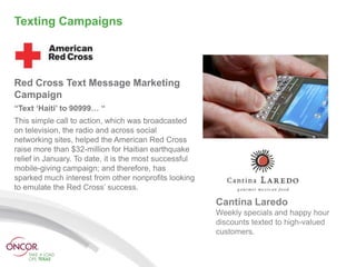 Texting Campaigns




Red Cross Text Message Marketing
Campaign
“Text ‘Haiti’ to 90999… “
This simple call to action, which was broadcasted
on television, the radio and across social
networking sites, helped the American Red Cross
raise more than $32-million for Haitian earthquake
relief in January. To date, it is the most successful
mobile-giving campaign; and therefore, has
sparked much interest from other nonprofits looking
to emulate the Red Cross’ success.
                                                        Cantina Laredo
                                                        Weekly specials and happy hour
                                                        discounts texted to high-valued
                                                        customers.
 
