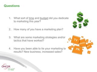 Questions


  1. What sort of time and budget did you dedicate
     to marketing this year?

  2. How many of you have a marketing plan?

  3. What are some marketing strategies and/or
     tactics that have worked?

  4. Have you been able to tie your marketing to
     results? New business, increased sales?
 
