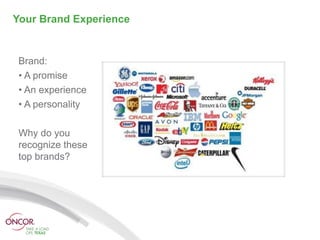 Your Brand Experience


 Brand:
 • A promise
 • An experience
 • A personality

 Why do you
 recognize these
 top brands?
 
