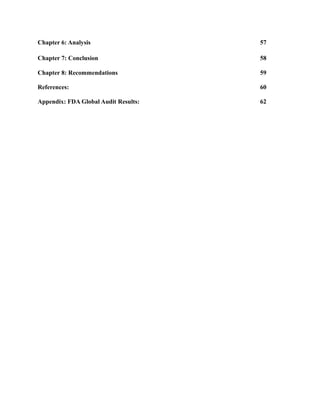 Chapter 6: Analysis                   57

Chapter 7: Conclusion                 58

Chapter 8: Recommendations            59

References:                           60

Appendix: FDA Global Audit Results:   62
 