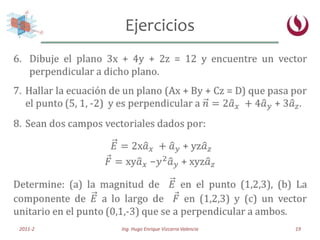 Ejercicios<br />Los vectores del origen a los puntos A, B, C y D son:<br />𝐴= 𝑎𝑥 + 𝑎𝑦 + 𝑎𝑧𝐵= 2𝑎𝑥 + 3𝑎𝑦<br />𝐶= 3𝑎𝑥 + 5𝑎𝑦 −...