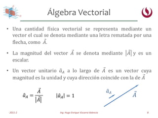 <ul><li>Una cantidad física vectorial se representa mediante un vector el cual se denota mediante una letra rematada por u...
