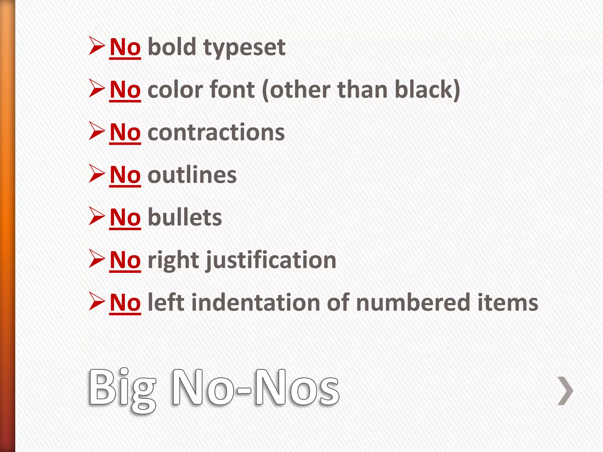 Margins: 1 ½ INCH LEFT MARGIN IS USED THROUGHOUT THESIS; one inch margin on top, right, and bottom except on the first page of every major section where a two inch top margin is used