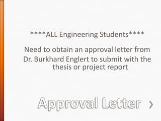 Check over your preliminary pages carefully. Refer to the University Guidelines Manual or check out the mini-manuscript online for visual examples of formatting for your title page (page 7 of the pdf) and signature page (page 10 of the pdf)