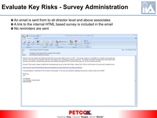 Information gathered from surveysIn your opinion, list the top three risks to achieving PETCO's 2011 goals and objectives within your departmentList areas of our Company that you would like to see included in the 2011 Internal Audit PlanHas your department implemented any new technology within the last 12 months? Examples include software, database management systems, existing system upgrades, new-to-you (shared technology from another department).Will any key business processes performed by your department change significantly within FY2011? Please list and describe changes if applicable.How could someone internally or externally misappropriate assets from your specific department resources?Identify Risks – Surveys