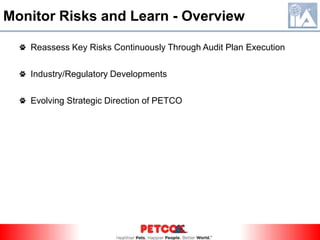 Develop Internal Audit Plan – Audit Plan RationaleRisks were identified in each of the retail focus areas and were prioritized based on feedback from managementAudit projects were defined to address each risk identified (in some cases, one project addresses multiple risks)Projects were prioritized based on the significance of the risk(s) they address** Accounting prepares the Fraud Risk Assessment and the Financial Reporting (SOX) Risk Assessments.
