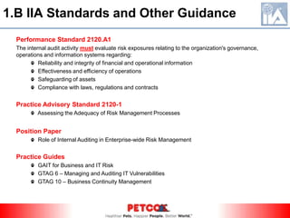1.B IIA Standards and Other GuidancePerformance Standard 2120.A1The internal audit activity must evaluate risk exposures relating to the organization's governance, operations and information systems regarding:  Reliability and integrity of financial and operational information  Effectiveness and efficiency of operations  Safeguarding of assets  Compliance with laws, regulations and contractsPractice Advisory Standard 2120-1  Assessing the Adequacy of Risk Management ProcessesPosition Paper  Role of Internal Auditing in Enterprise-wide Risk ManagementPractice Guides  GAIT for Business and IT Risk  GTAG 6 – Managing and Auditing IT Vulnerabilities  GTAG 10 – Business Continuity Management
