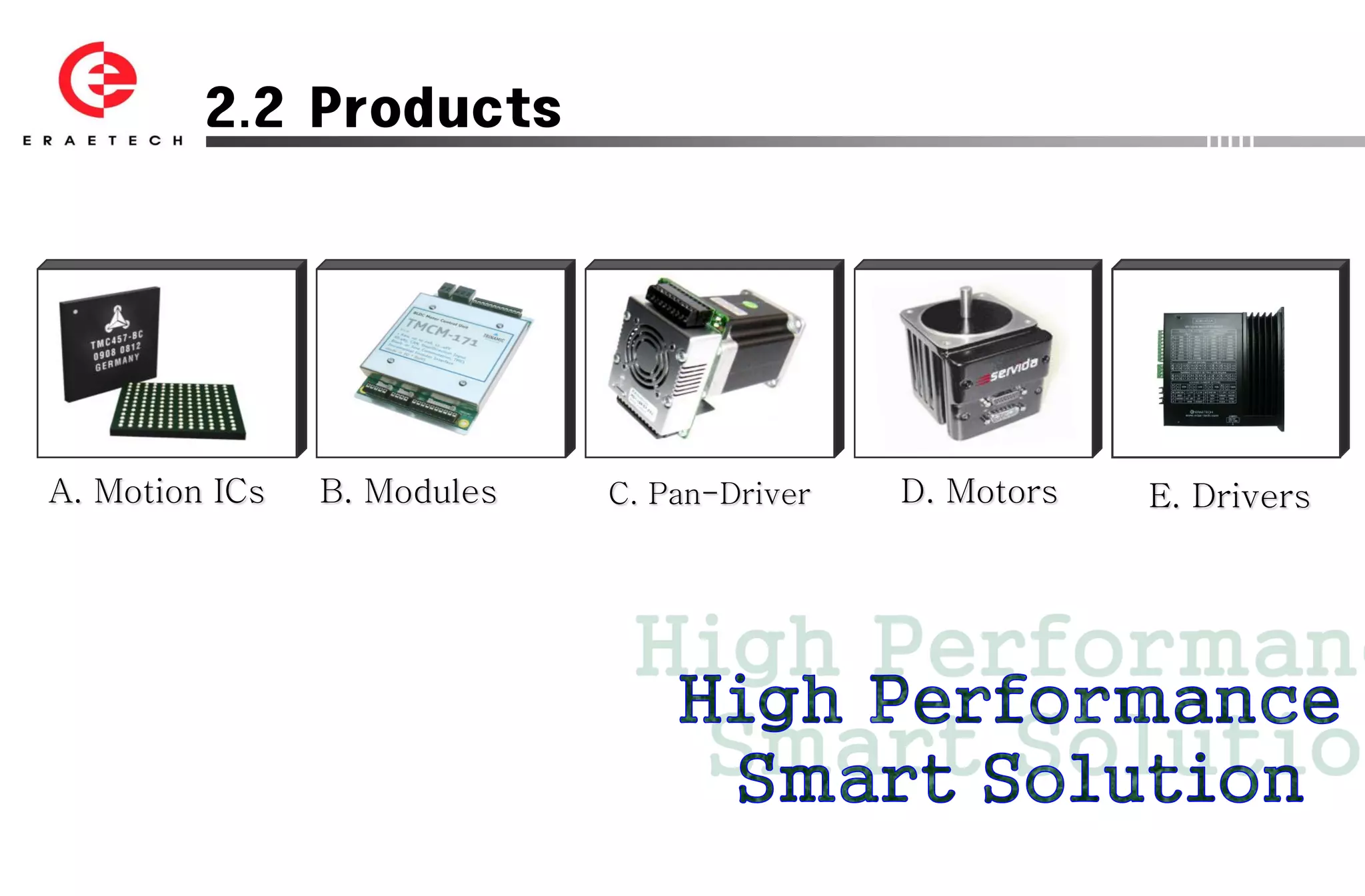 2.2 Products




A. Motion ICs   B. Modules   C. Pan-Driver   D. Motors   E. Drivers
 