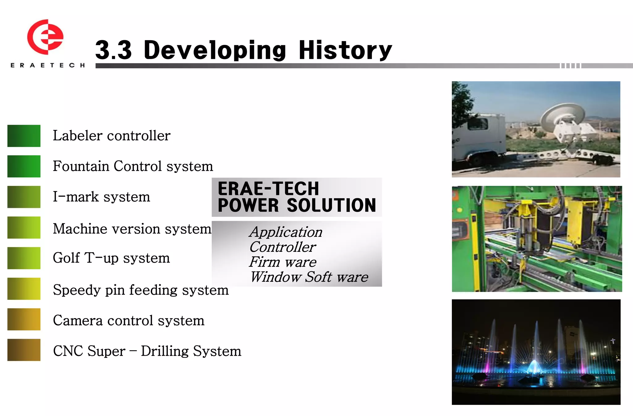 3.3 Developing History


Labeler controller

Fountain Control system

I-mark system
                          ERAE-TECH
                          POWER SOLUTION
Machine version system        Application
                              Controller
Golf T-up system              Firm ware
                              Window Soft ware
Speedy pin feeding system

Camera control system

CNC Super – Drilling System
 