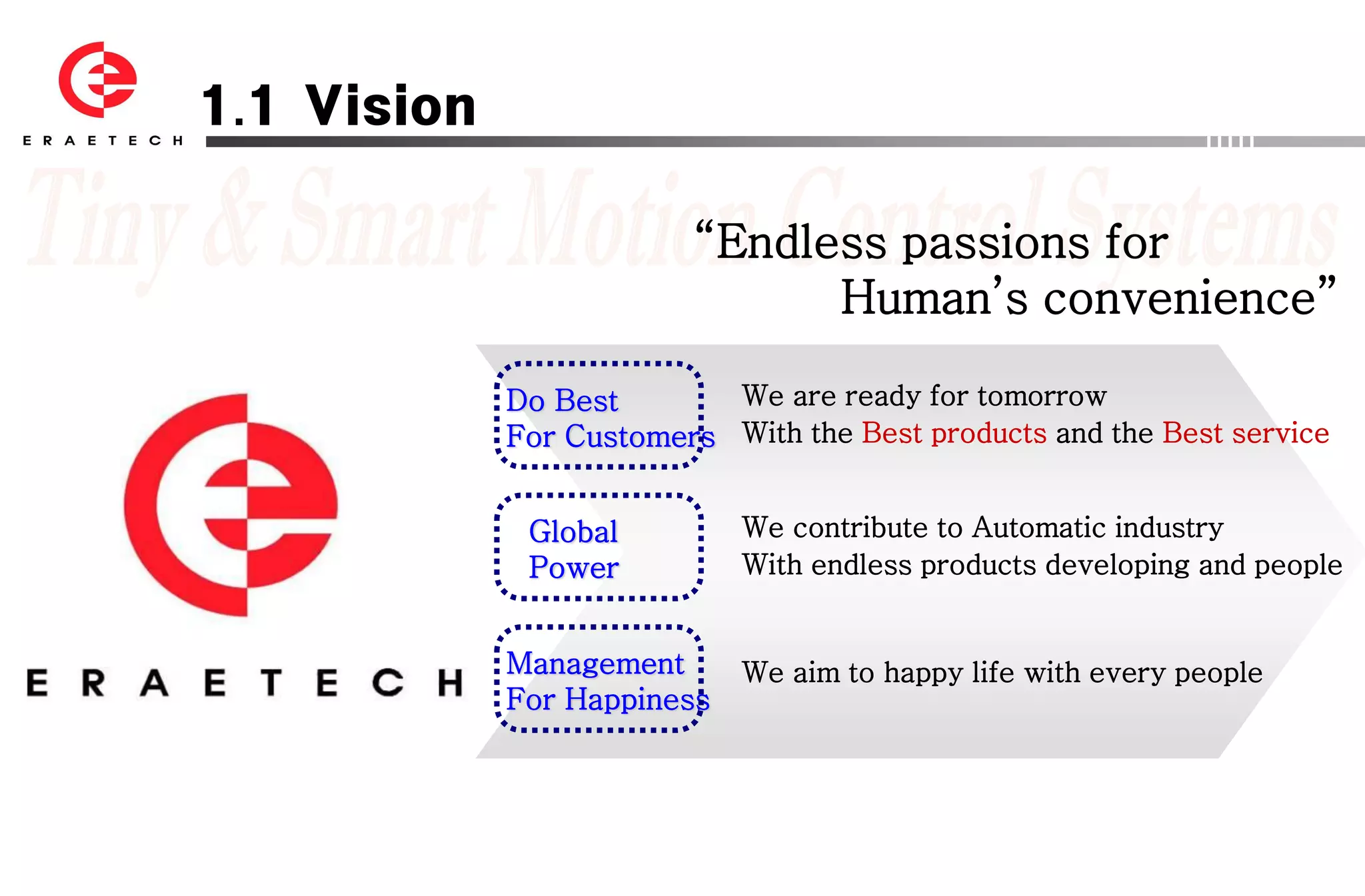1.1 Vision

                         “Endless passions for
                               Human’s convenience”

             Do Best       We are ready for tomorrow
             For Customers With the Best products and the Best service


              Global         We contribute to Automatic industry
              Power          With endless products developing and people


             Management      We aim to happy life with every people
             For Happiness
 