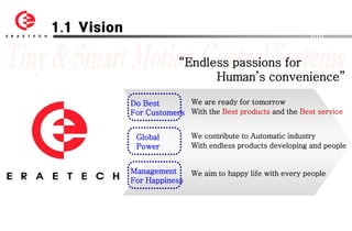 1.1 Vision

                         “Endless passions for
                               Human’s convenience”

             Do Best       We are ready for tomorrow
             For Customers With the Best products and the Best service


              Global         We contribute to Automatic industry
              Power          With endless products developing and people


             Management      We aim to happy life with every people
             For Happiness
 