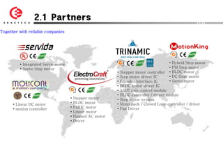 2.1 Partners
Together with reliable companies




         • Integrated Servo motor                                                       •   Hybrid Step motor
         • Servo Step motor                                                             •   PM Step motor
                                                          •   Stepper motor controller  •   BLDC motor
                                                          •   Step motor driver IC      •   DC Gear motor
                                                          •   Encoder Interface IC      •   Servo motor
                                                          •   BLDC motor driver IC
                                                          •   1/3/6 axis control module
                                                          •   BLDC controller / driver module
                                    •   Stepper motor     •   Step motor system
      • Linear DC motor             •   BLDC motor        •   Mono pack / Closed Loop controller / driver
      • motion controller           •   PMDC motor        •   Pan Driver
                                    •   Linear motor
                                    •   Housed AC motor
                                    •   Driver
 
