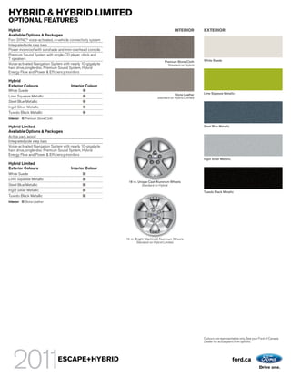 HYBRID & HYBRID LIMITED
OPTIONAL FEATURES
Hybrid                                                                                       INTERIOR         EXTERIOR
Available Options & Packages
Ford SYNC® voice-activated, in-vehicle connectivity system
Integrated side step bars
Power moonroof with sunshade and mini-overhead console
Premium Sound System with single-CD player, clock and
7 speakers                                                                                                    White Suede
                                                                                      Premium Stone Cloth
Voice-activated Navigation System with nearly 10-gigabyte                               Standard on Hybrid
hard drive, single-disc Premium Sound System, Hybrid
Energy Flow and Power & Efficiency monitors

Hybrid
Exterior Colours                       Interior Colour
White Suede
                                                                                             Stone Leather    Lime Squeeze Metallic
Lime Squeeze Metallic                                                            Standard on Hybrid Limited
Steel Blue Metallic
Ingot Silver Metallic
Tuxedo Black Metallic
Interior:   Premium Stone Cloth

Hybrid Limited                                                                                                Steel Blue Metallic
Available Options & Packages
Active park assist
Integrated side step bars
Voice-activated Navigation System with nearly 10-gigabyte
hard drive, single-disc Premium Sound System, Hybrid
Energy Flow and Power & Efficiency monitors
                                                                                                              Ingot Silver Metallic
Hybrid Limited
Exterior Colours                       Interior Colour
White Suede
Lime Squeeze Metallic
                                                              16-in. Unique Cast-Aluminum Wheels
Steel Blue Metallic                                                    Standard on Hybrid
Ingot Silver Metallic                                                                                         Tuxedo Black Metallic
Tuxedo Black Metallic
Interior:   Stone Leather




                                                             16-in. Bright-Machined Aluminum Wheels
                                                                     Standard on Hybrid Limited




                                                                                                              Colours are representative only. See your Ford of Canada
                                                                                                              Dealer for actual paint/trim options.




                                  ESCAPE+HYBRID                                                                                       ford.ca
 