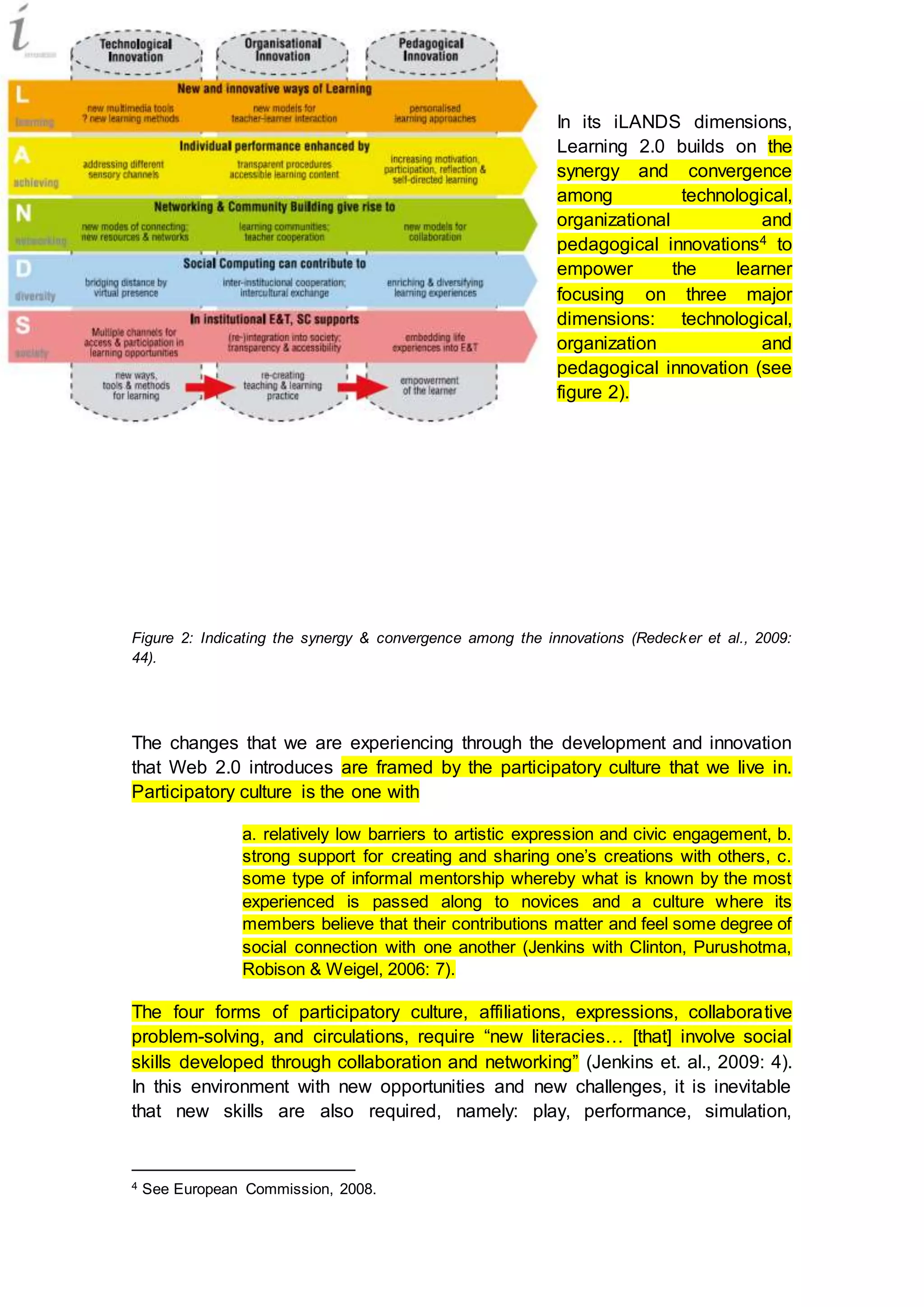 In its iLANDS dimensions,
Learning 2.0 builds on the
synergy and convergence
among technological,
organizational and
pedagogical innovations4 to
empower the learner
focusing on three major
dimensions: technological,
organization and
pedagogical innovation (see
figure 2).
Figure 2: Indicating the synergy & convergence among the innovations (Redecker et al., 2009:
44).
The changes that we are experiencing through the development and innovation
that Web 2.0 introduces are framed by the participatory culture that we live in.
Participatory culture is the one with
a. relatively low barriers to artistic expression and civic engagement, b.
strong support for creating and sharing one’s creations with others, c.
some type of informal mentorship whereby what is known by the most
experienced is passed along to novices and a culture where its
members believe that their contributions matter and feel some degree of
social connection with one another (Jenkins with Clinton, Purushotma,
Robison & Weigel, 2006: 7).
The four forms of participatory culture, affiliations, expressions, collaborative
problem-solving, and circulations, require “new literacies… [that] involve social
skills developed through collaboration and networking” (Jenkins et. al., 2009: 4).
In this environment with new opportunities and new challenges, it is inevitable
that new skills are also required, namely: play, performance, simulation,
4 See European Commission, 2008.
 