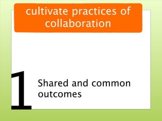 cultivate practices of
    collaboration




1   Shared and common
    outcomes

        @ruudwjanssen    ©2011
 