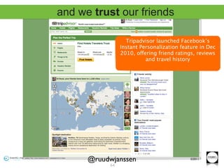 and we trust our friends

                   Tripadvisor launched Facebook’s
                 Instant Personalization feature in Dec
                 2010, offering friend ratings, reviews
                           and travel history




      @ruudwjanssen                          ©2011

            64
 