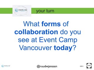 your turn


  What forms of
collaboration do you
 see at Event Camp
 Vancouver today?

      @ruudwjanssen   ©2011
 