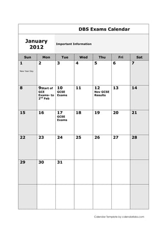 2011 GCSE Exams Calendar